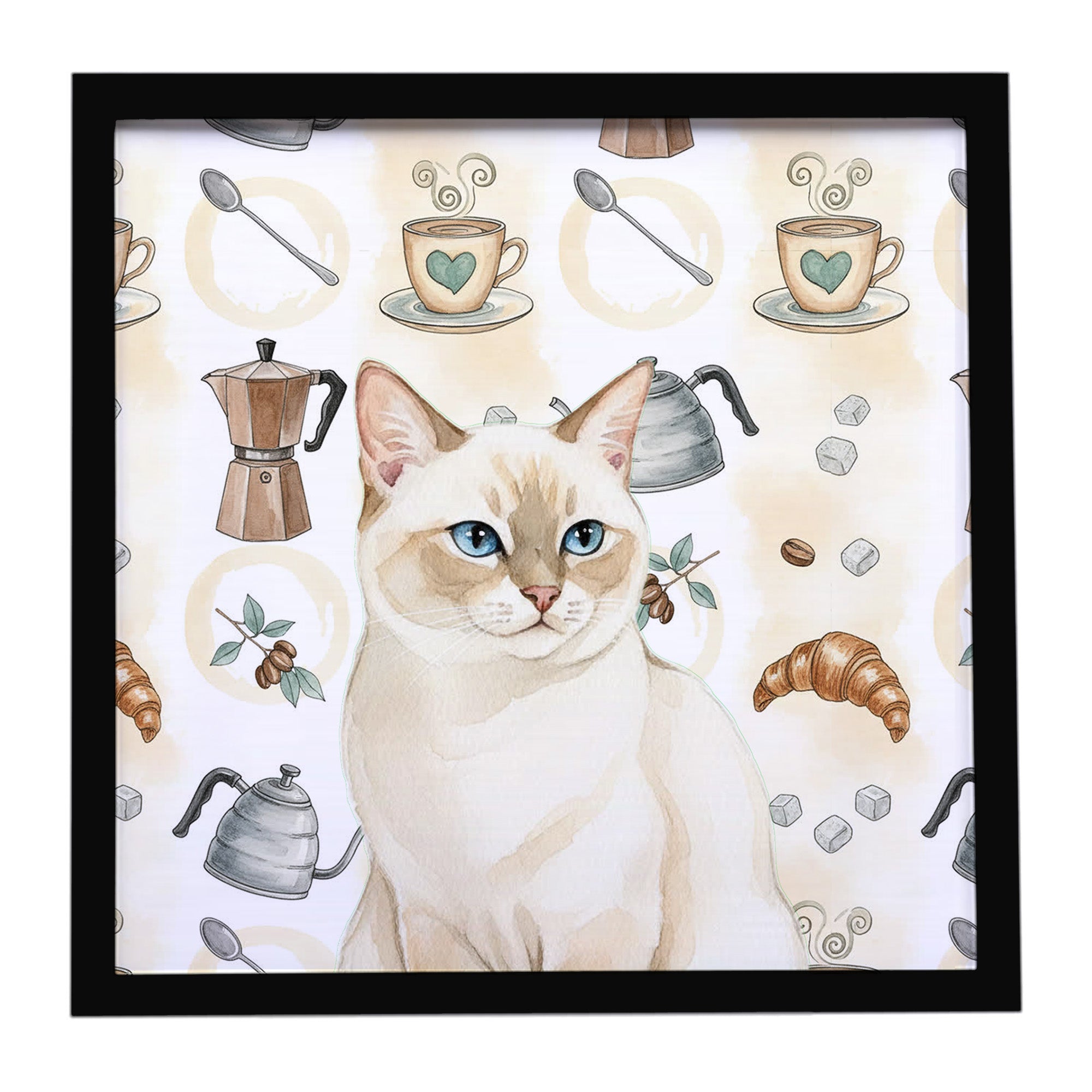 Caroline's Treasures Cream Point Cat Coffee Time Framed Metal Print