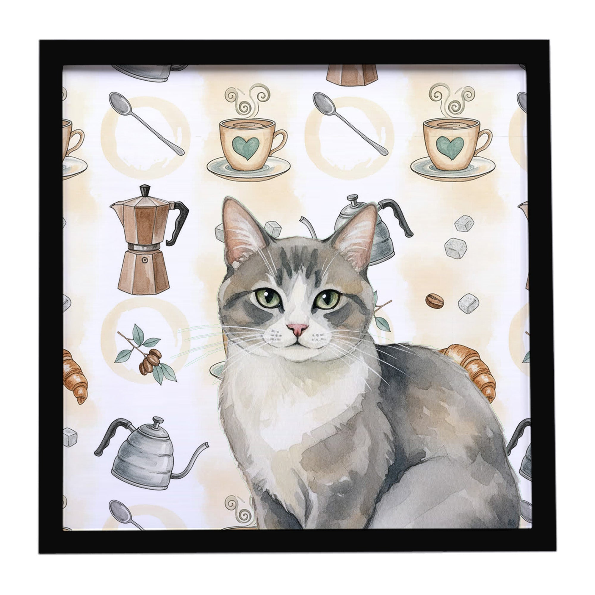 Caroline's Treasures Gray and White Cat Coffee Time Framed Metal Print