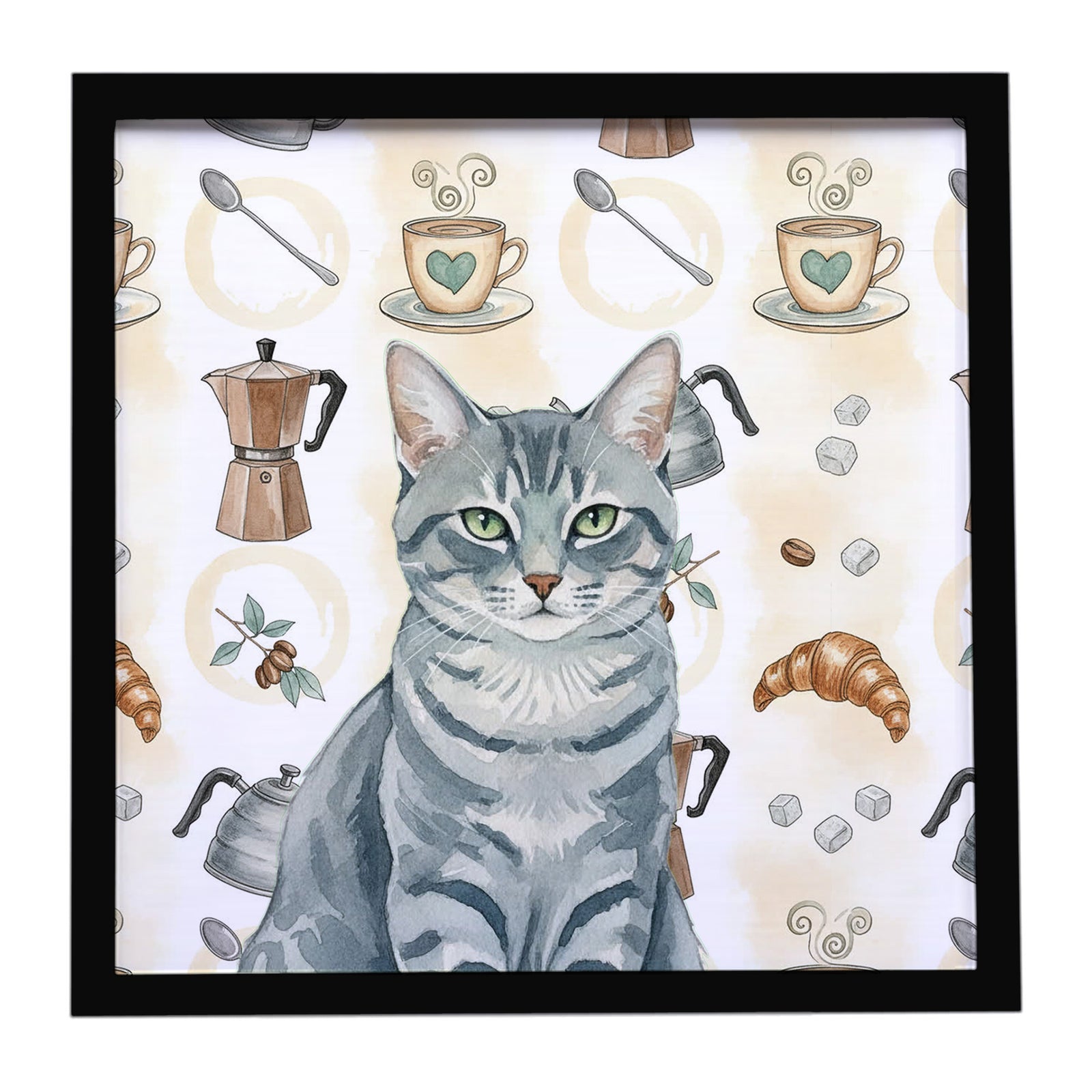 Caroline's Treasures Gray Mackerel Tabby Cat Coffee Time Framed Metal Print