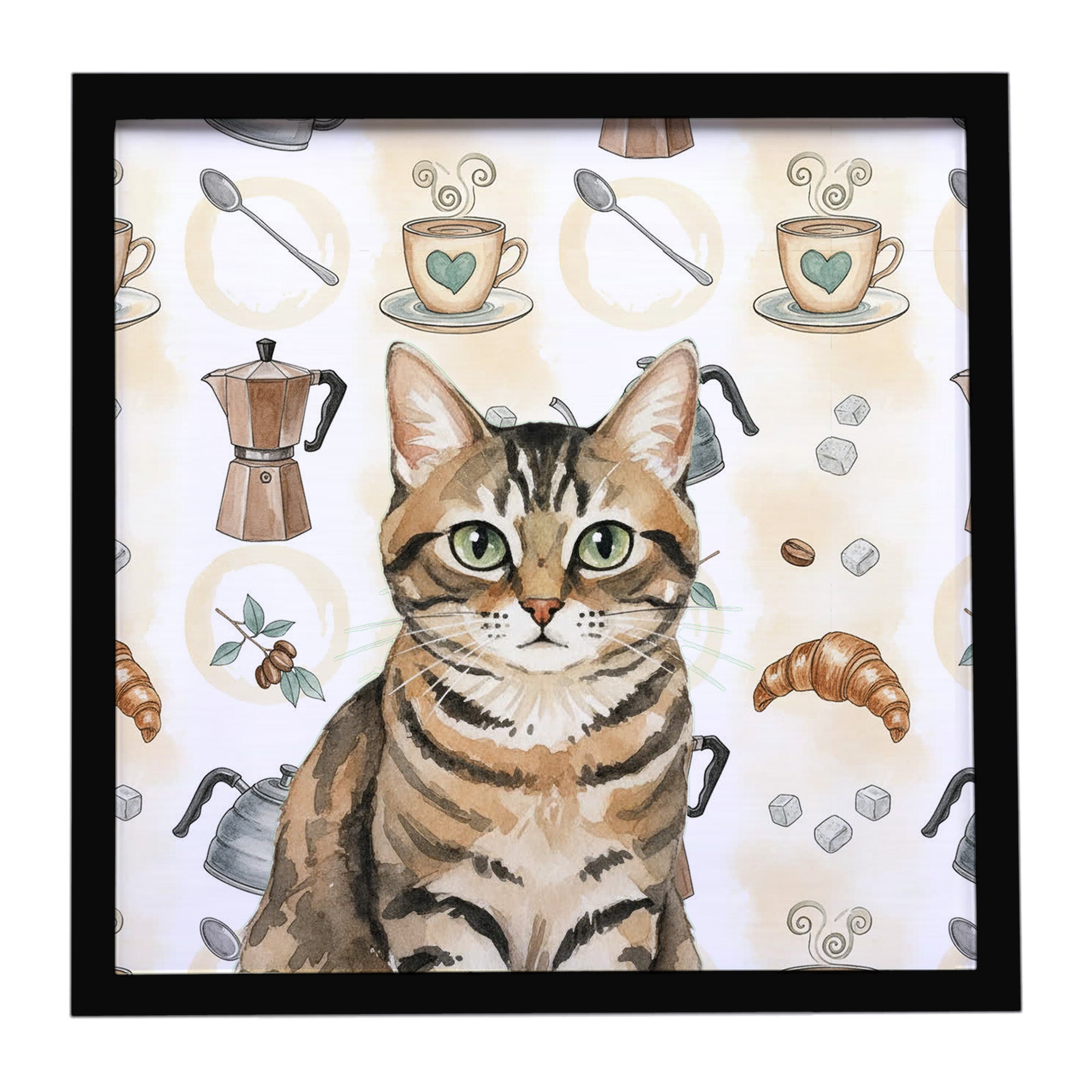 Caroline's Treasures Mackerel Tabby Brown Cat Coffee Time Framed Metal Print