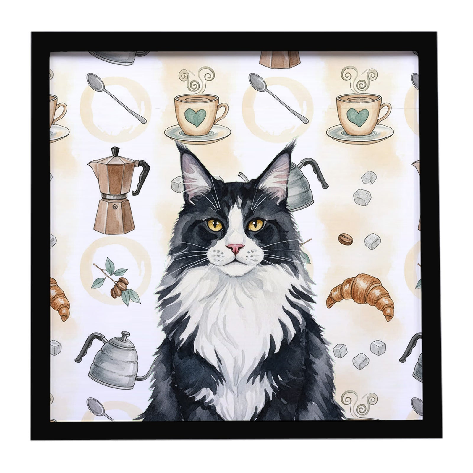 Caroline's Treasures MaineCoon Black and White Cat Coffee Time Framed Metal Print