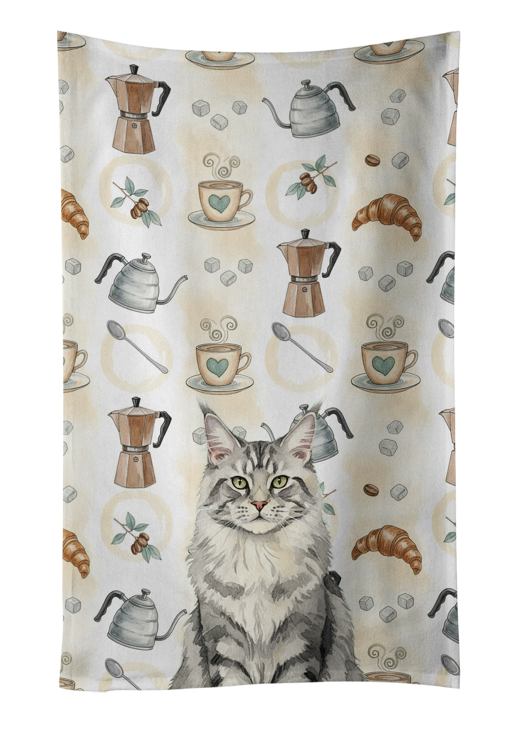 Caroline's Treasures MaineCoon Silver Tabby Cat Coffee Time Kitchen Towel