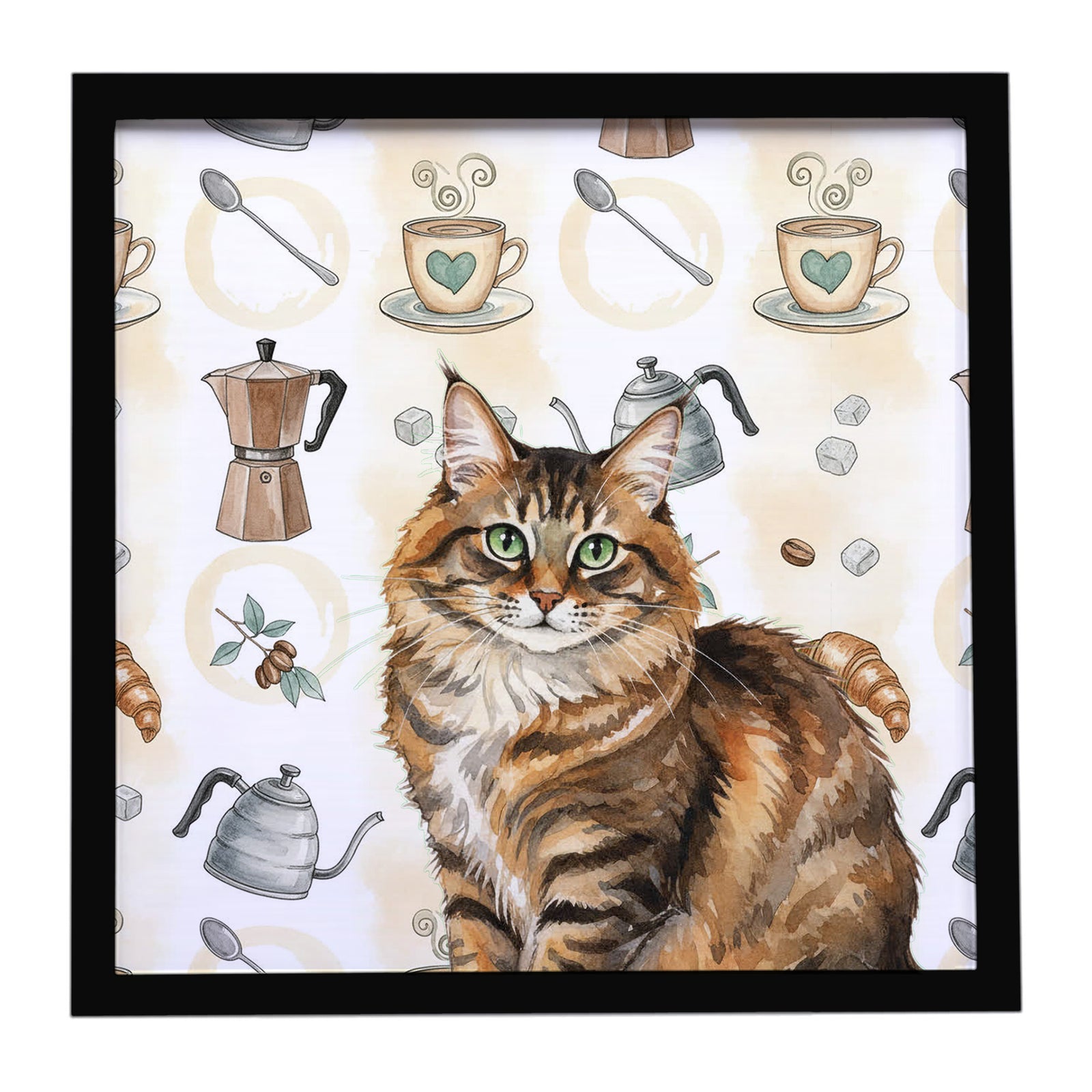 Caroline's Treasures Norwegian Forest Cat Brown Tabby Cat Coffee Time Framed Metal Print