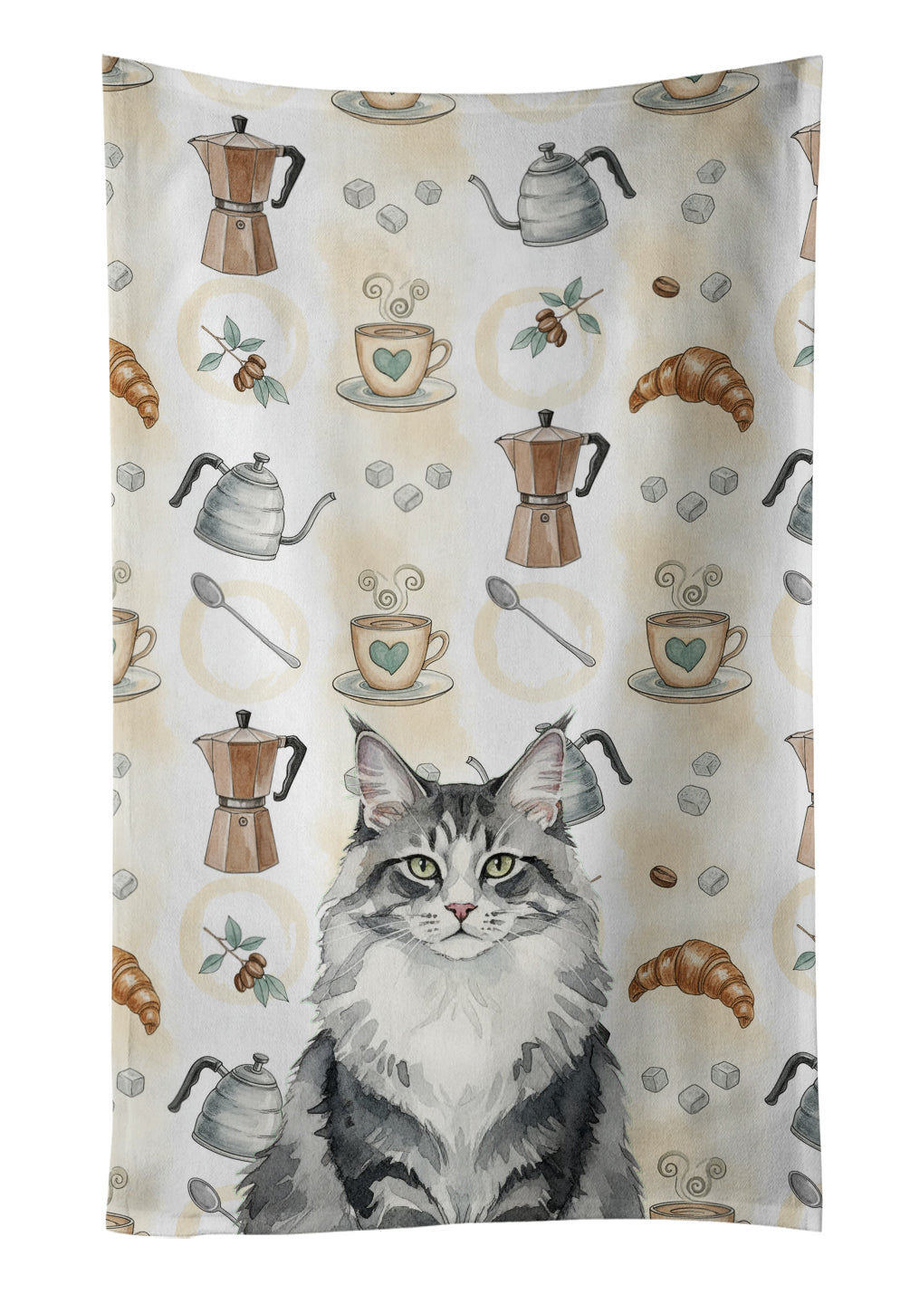 Caroline's Treasures Norwegian Forest Cat Gray and White Cat Coffee Time Kitchen Towel