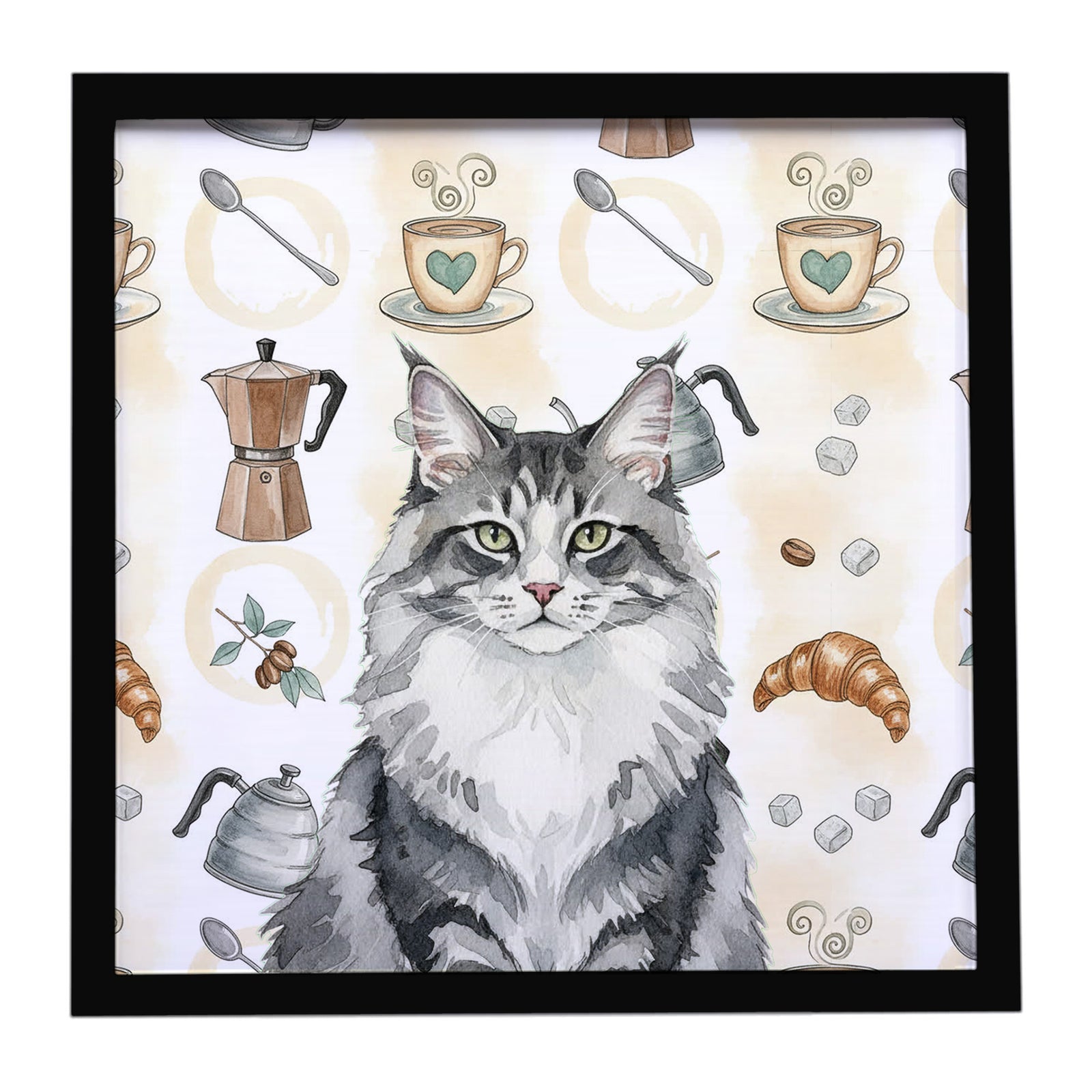 Caroline's Treasures Norwegian Forest Cat Gray and White Cat Coffee Time Framed Metal Print