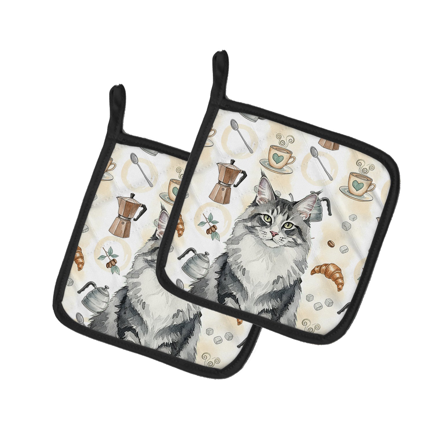 Caroline's Treasures Norwegian Forest Cat Gray and White Cat Coffee Time Pair of Pot Holders