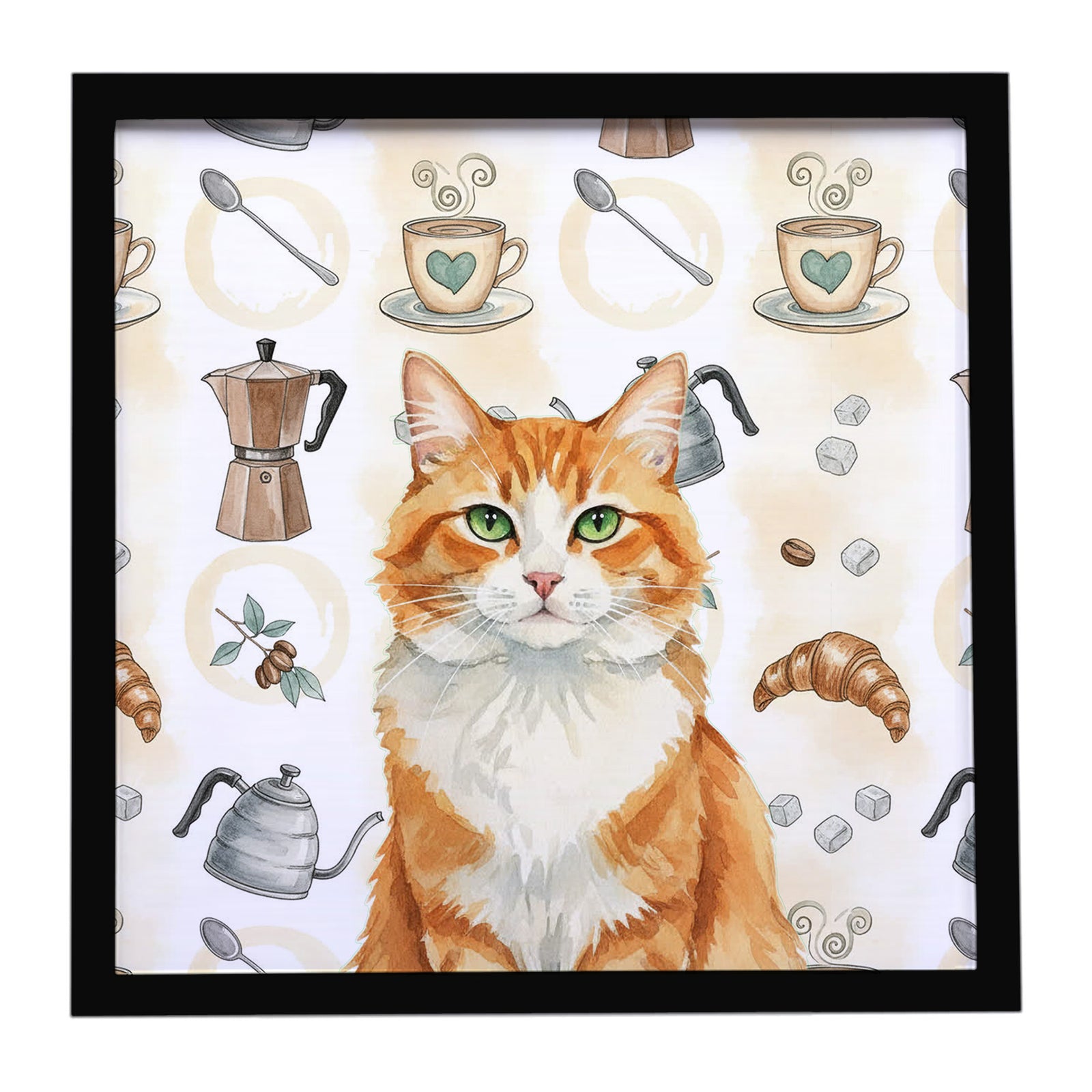 Caroline's Treasures Orange and White Cat Coffee Time Framed Metal Print