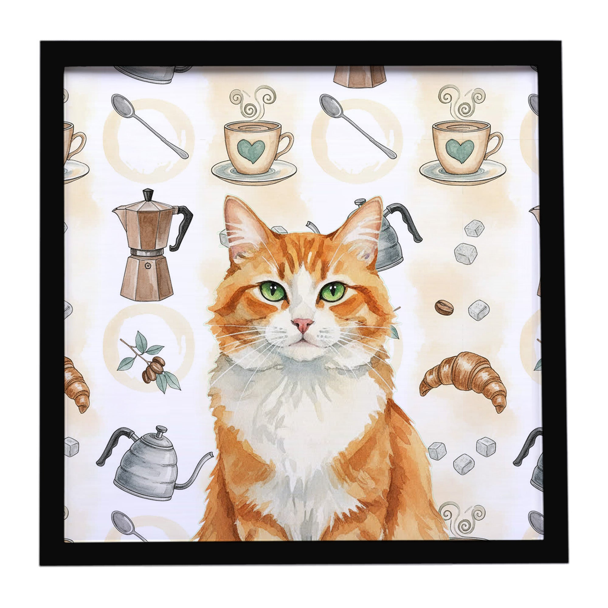 Caroline's Treasures Orange and White Cat Coffee Time Framed Metal Print