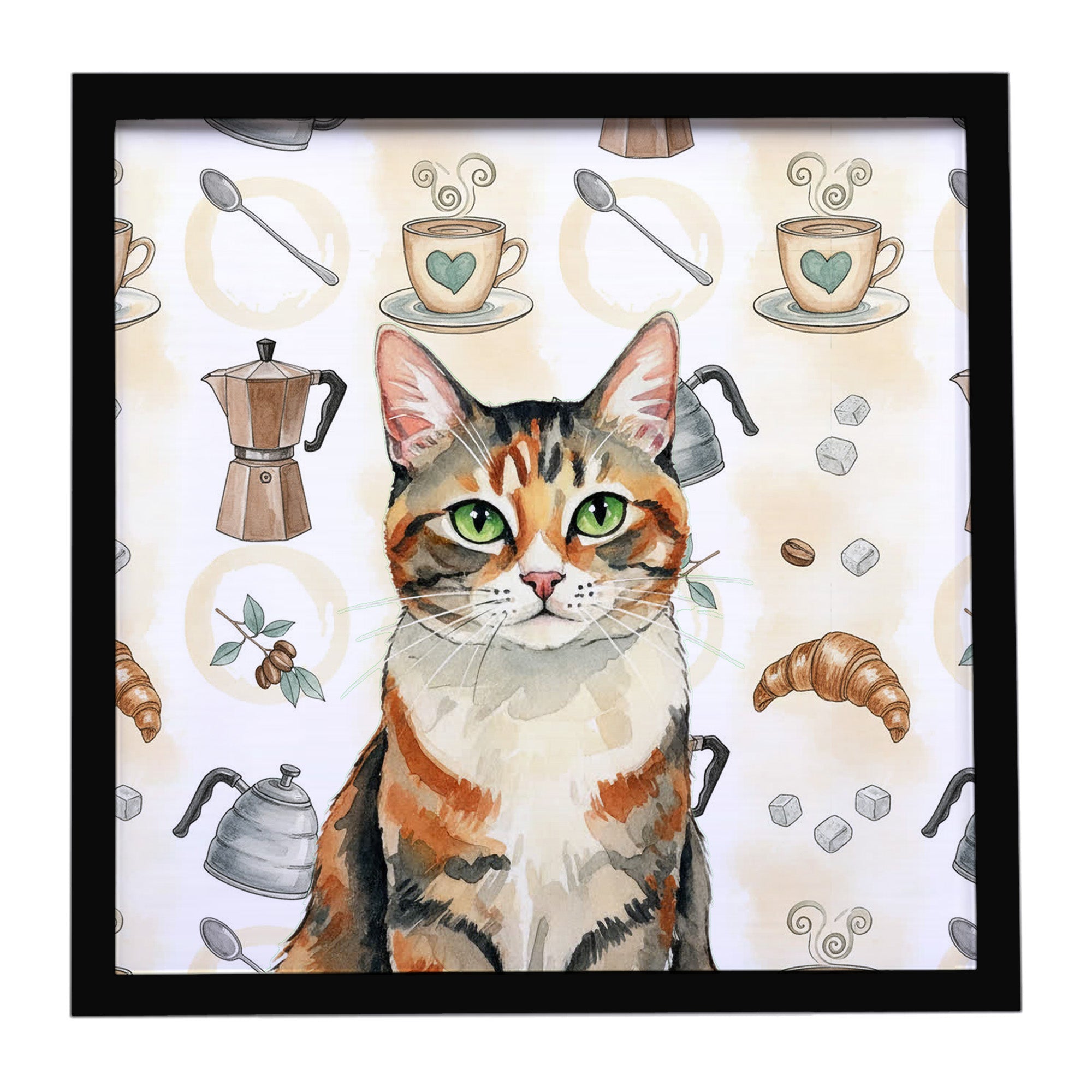 Caroline's Treasures Patched Tabby Cat Coffee Time Framed Metal Print