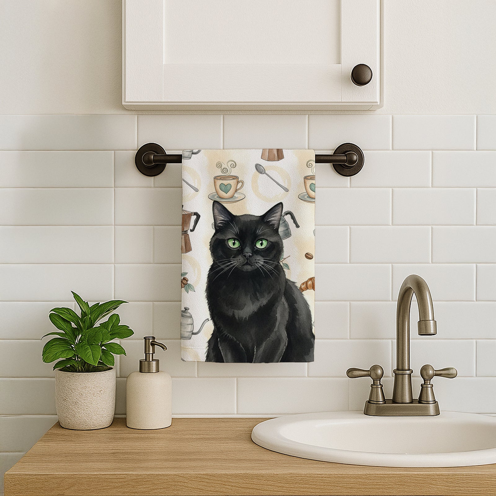 Caroline's Treasures Persian Black Cat Coffee Time Kitchen Towel