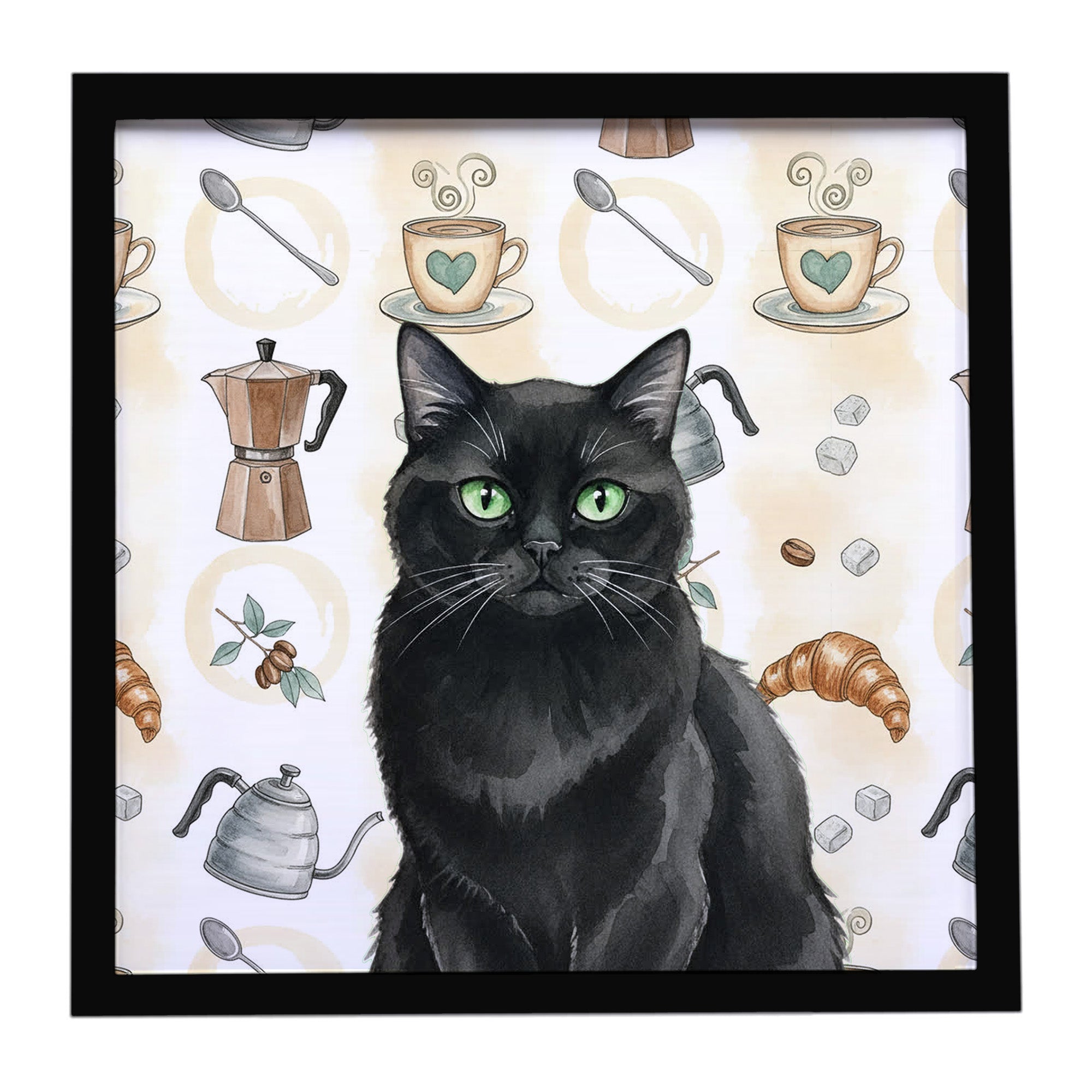 Caroline's Treasures Persian Black Cat Coffee Time Framed Metal Print
