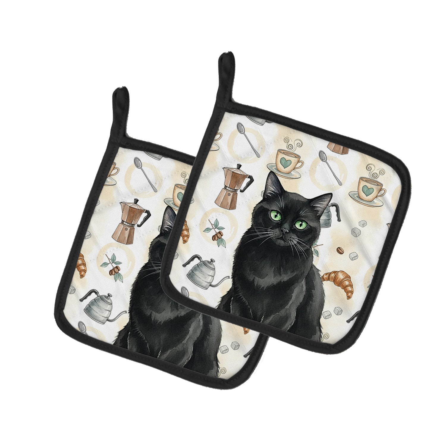 Caroline's Treasures Persian Black Cat Coffee Time Pair of Pot Holders