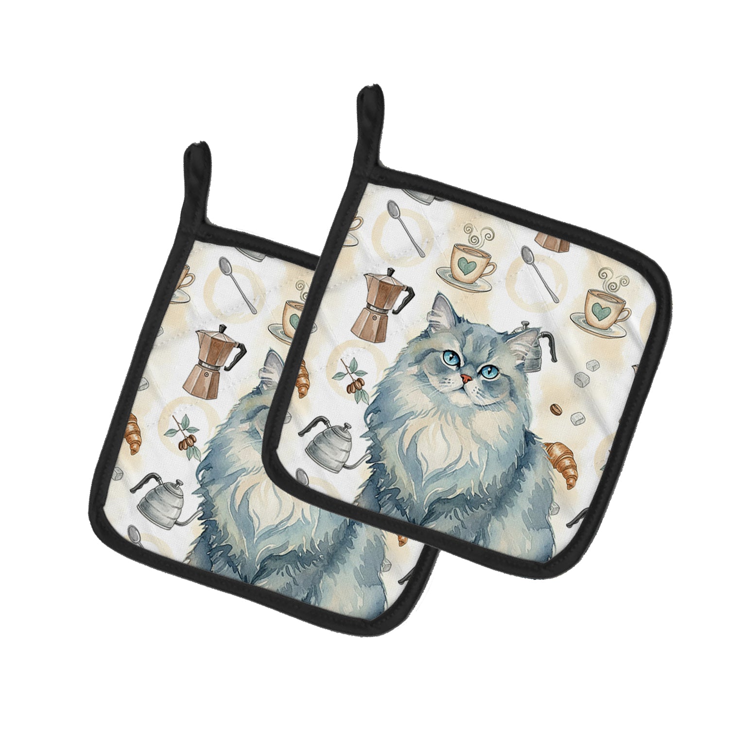 Caroline's Treasures Persian Blue Cat Coffee Time Pair of Pot Holders