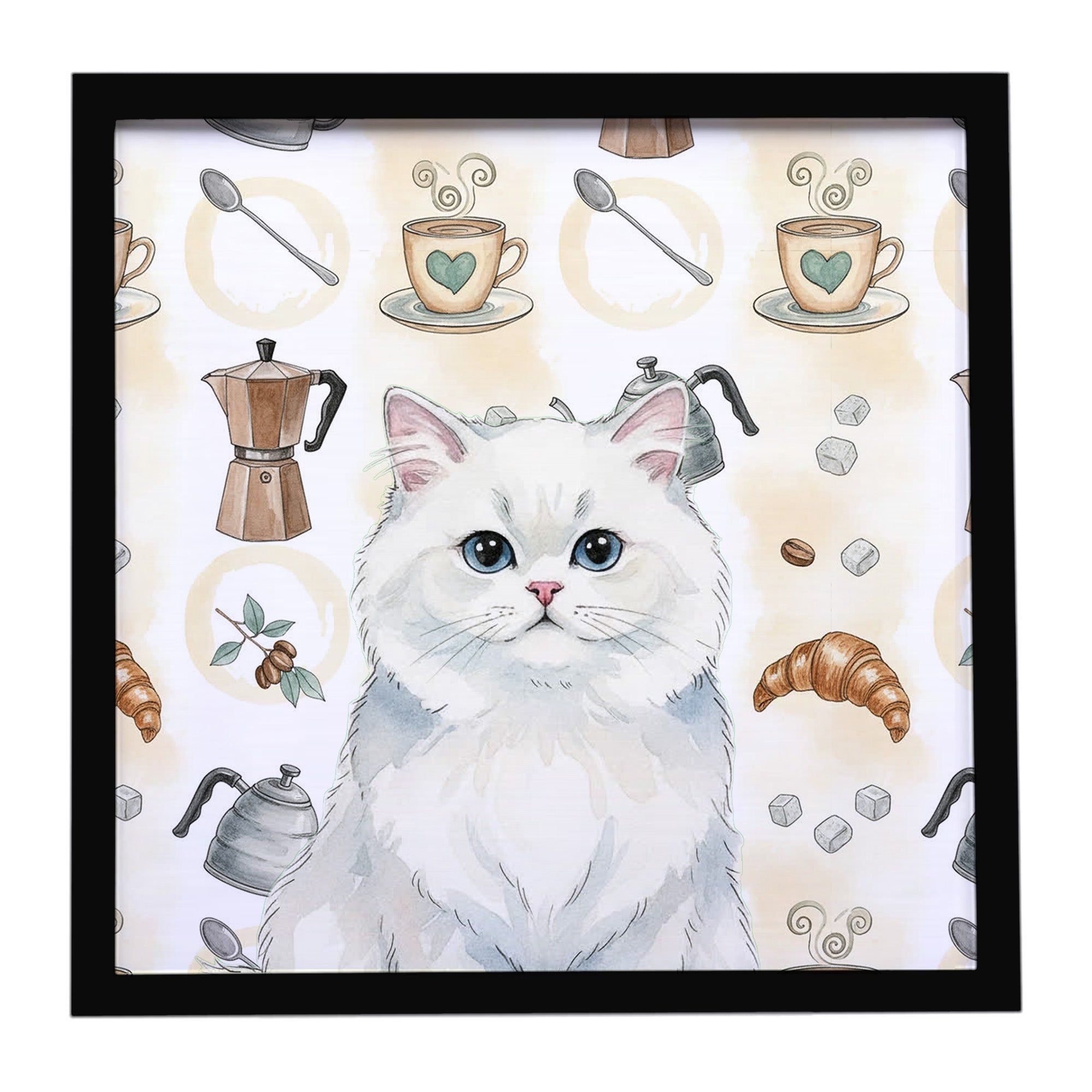Caroline's Treasures Persian White Cat Coffee Time Framed Metal Print