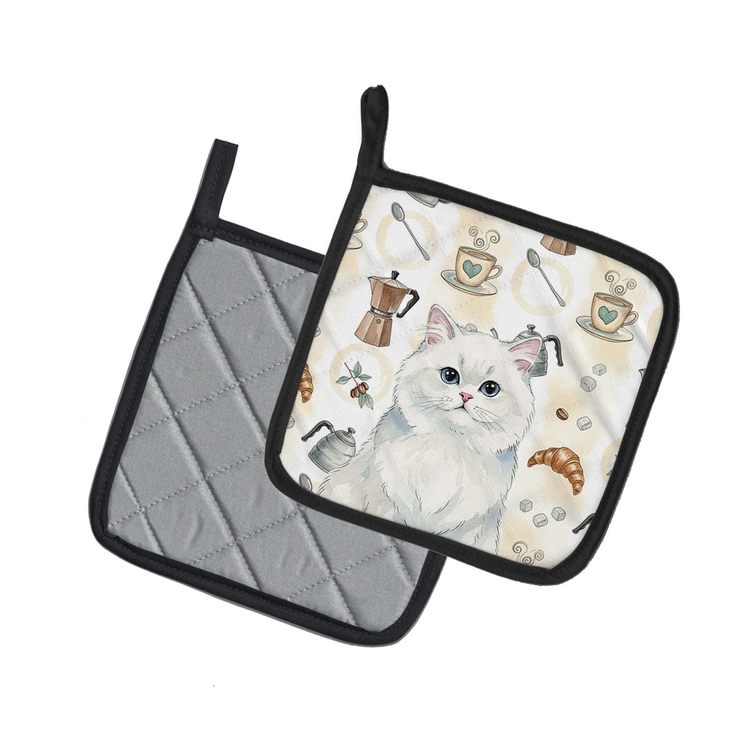 Caroline's Treasures Persian White Cat Coffee Time Pair of Pot Holders
