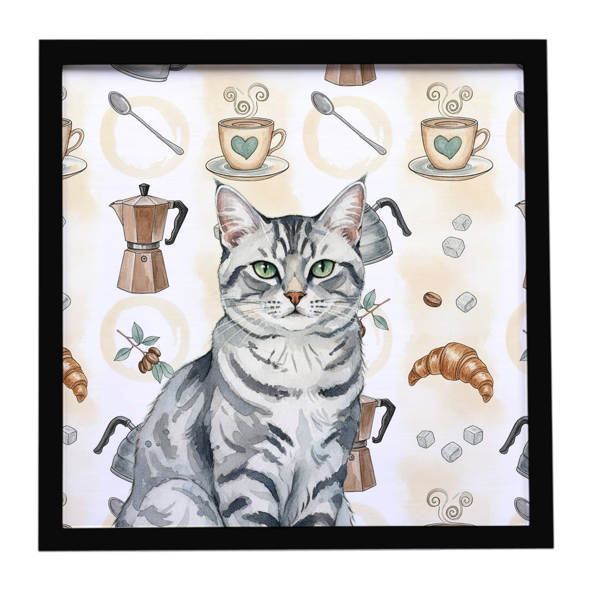 Caroline's Treasures Silver Classic Tabby Cat Coffee Time Framed Metal Print