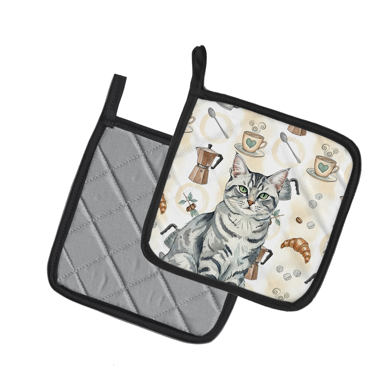 Caroline's Treasures Silver Classic Tabby Cat Coffee Time Pair of Pot Holders
