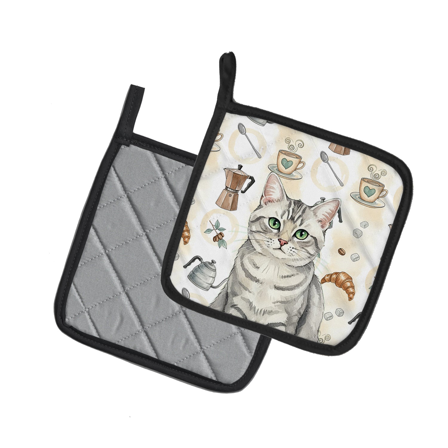 Caroline's Treasures Silver Mackerel Tabby Cat Coffee Time Pair of Pot Holders