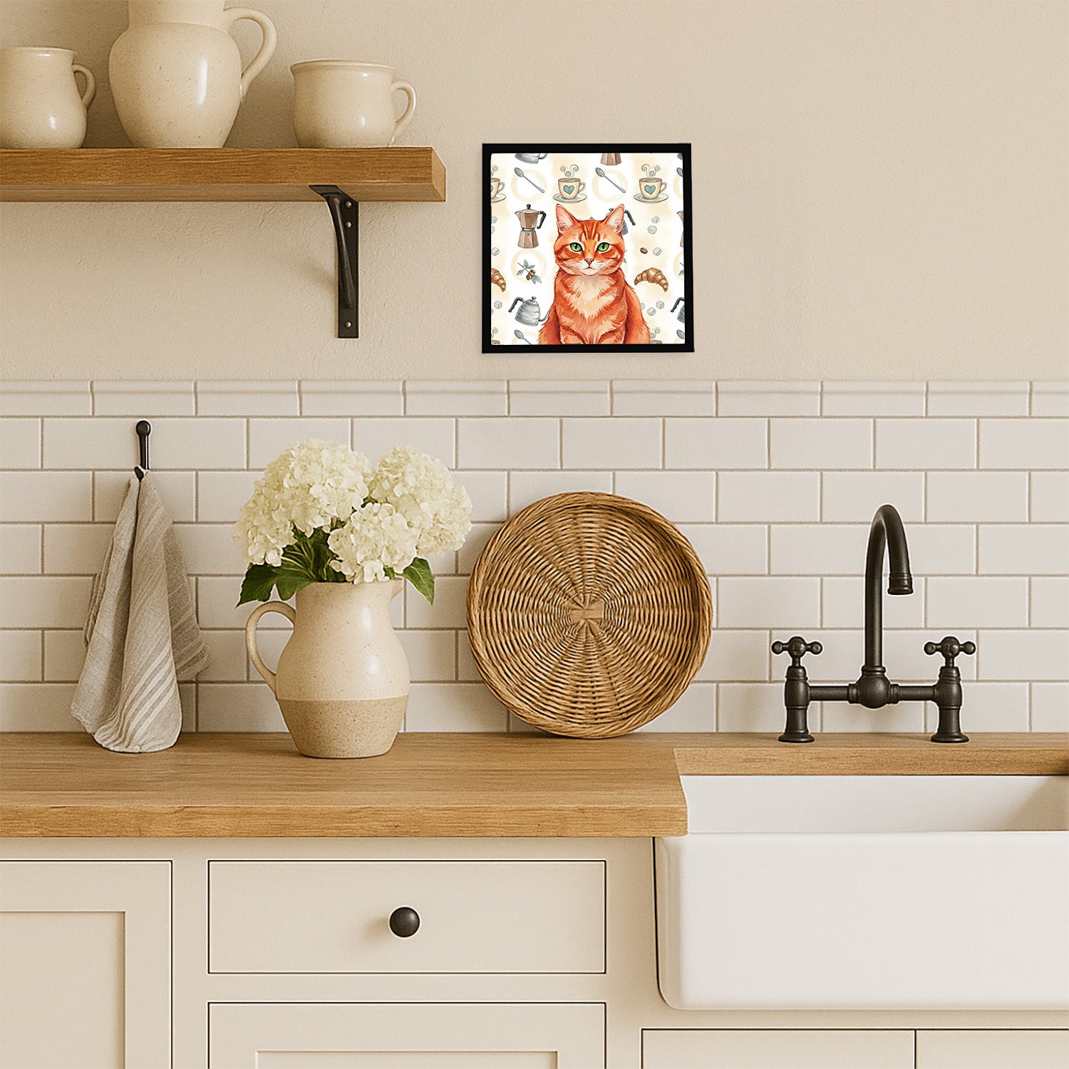 Caroline's Treasures Solid Red Ginger Cat Coffee Time Framed Metal Print