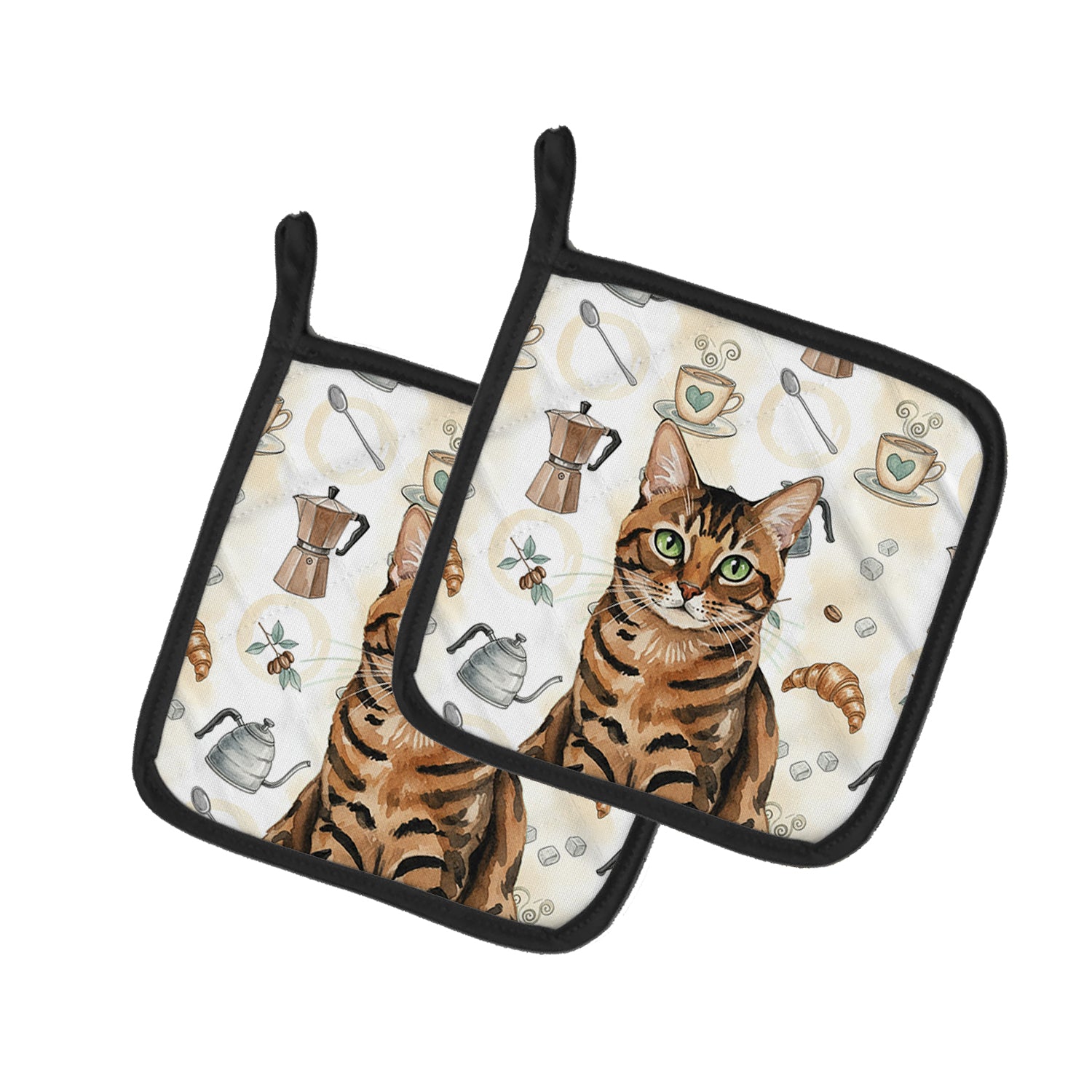 Caroline's Treasures Spotted Tabby Brown Cat Coffee Time Pair of Pot Holders