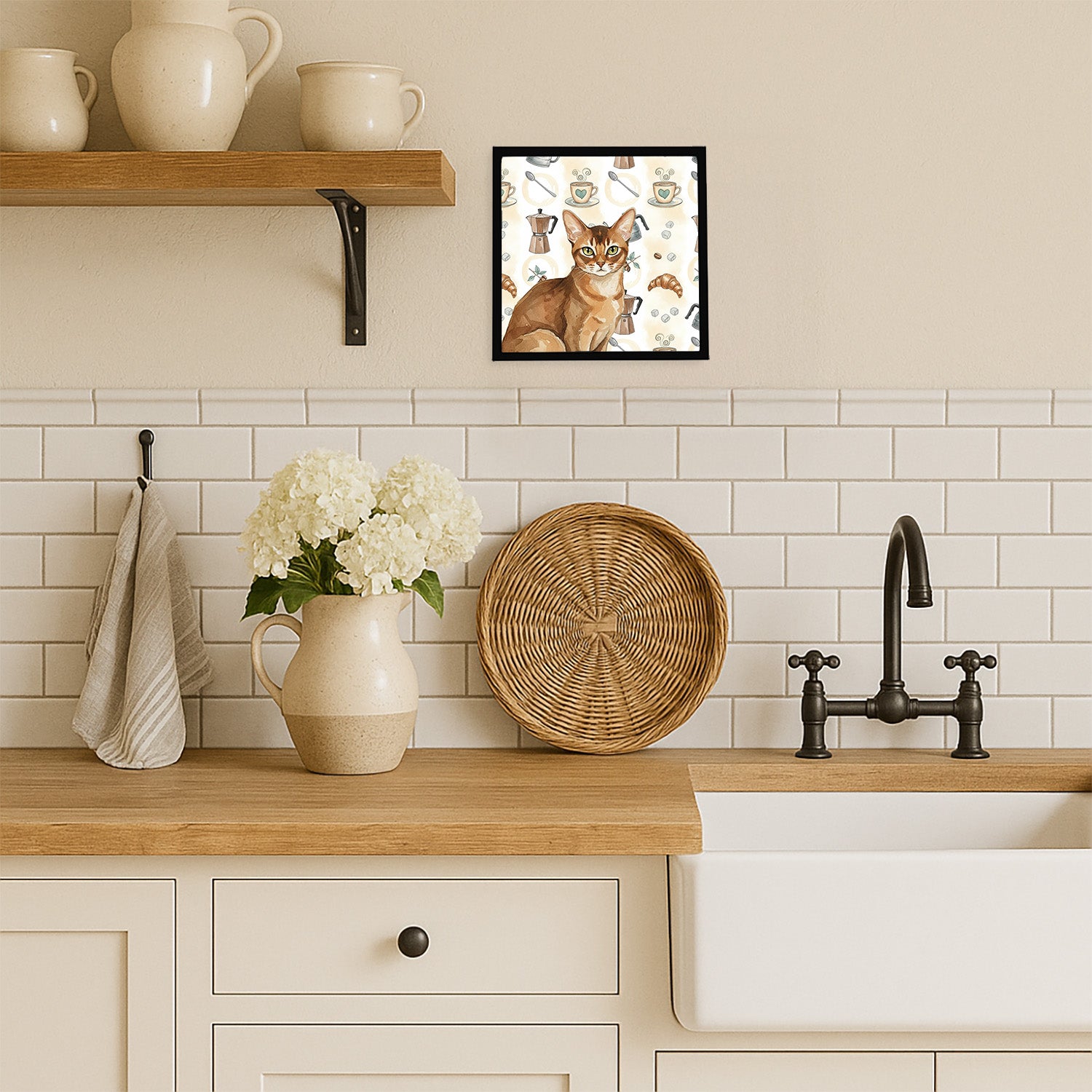 Caroline's Treasures Ticked Tabby Brown Cat Coffee Time Framed Metal Print