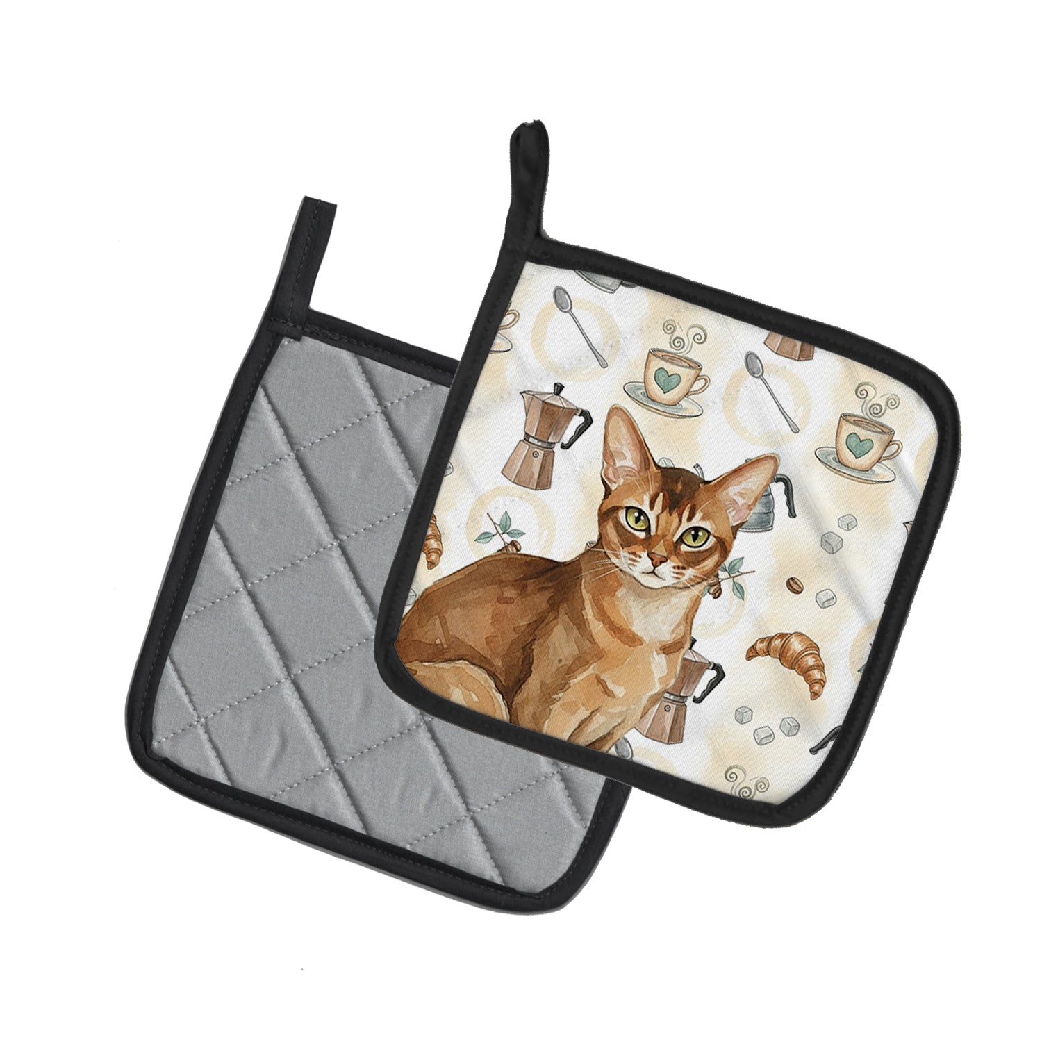 Caroline's Treasures Ticked Tabby Brown Cat Coffee Time Pair of Pot Holders