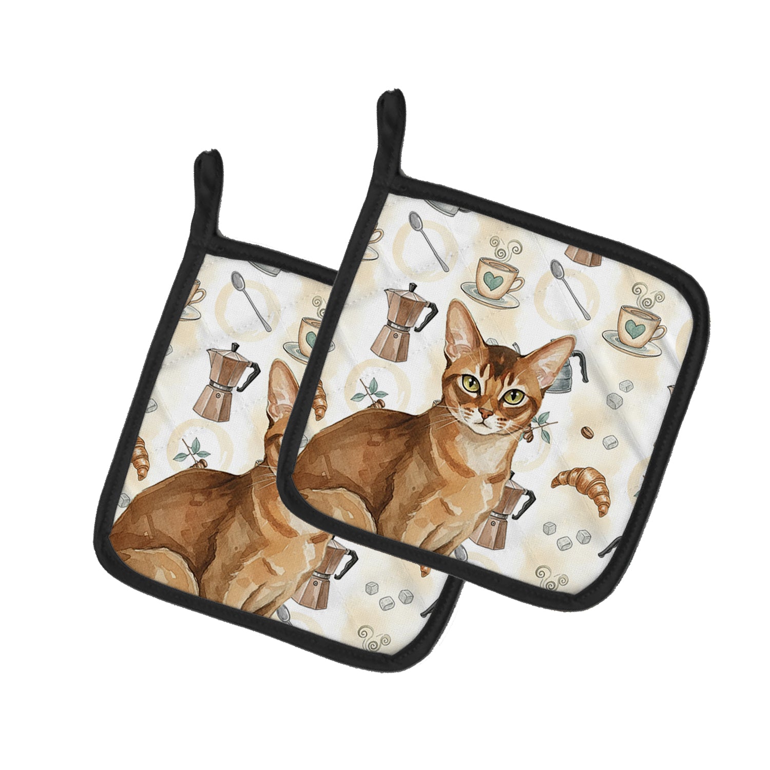 Caroline's Treasures Ticked Tabby Brown Cat Coffee Time Pair of Pot Holders