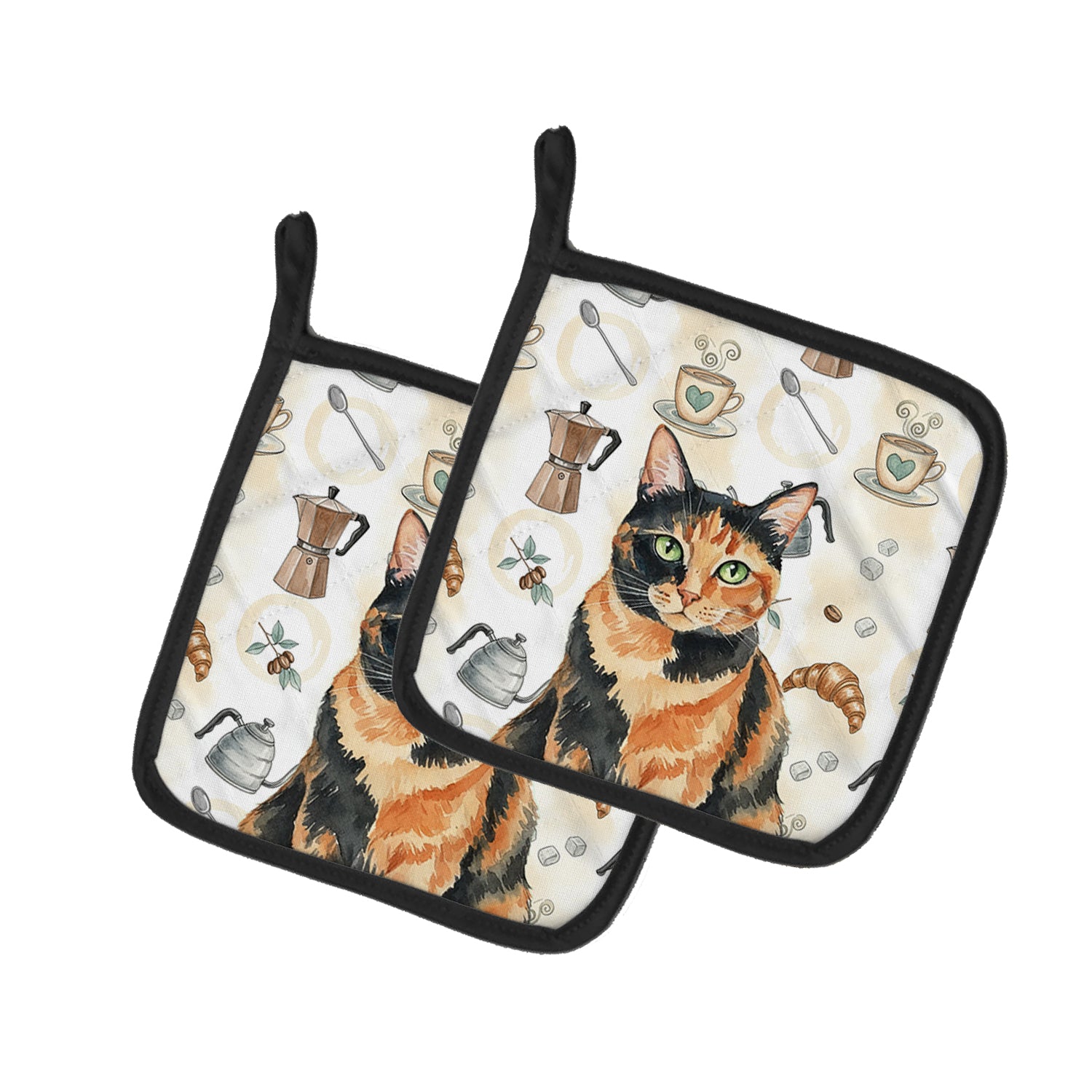 Caroline's Treasures Tortoiseshell Cat Coffee Time Pair of Pot Holders