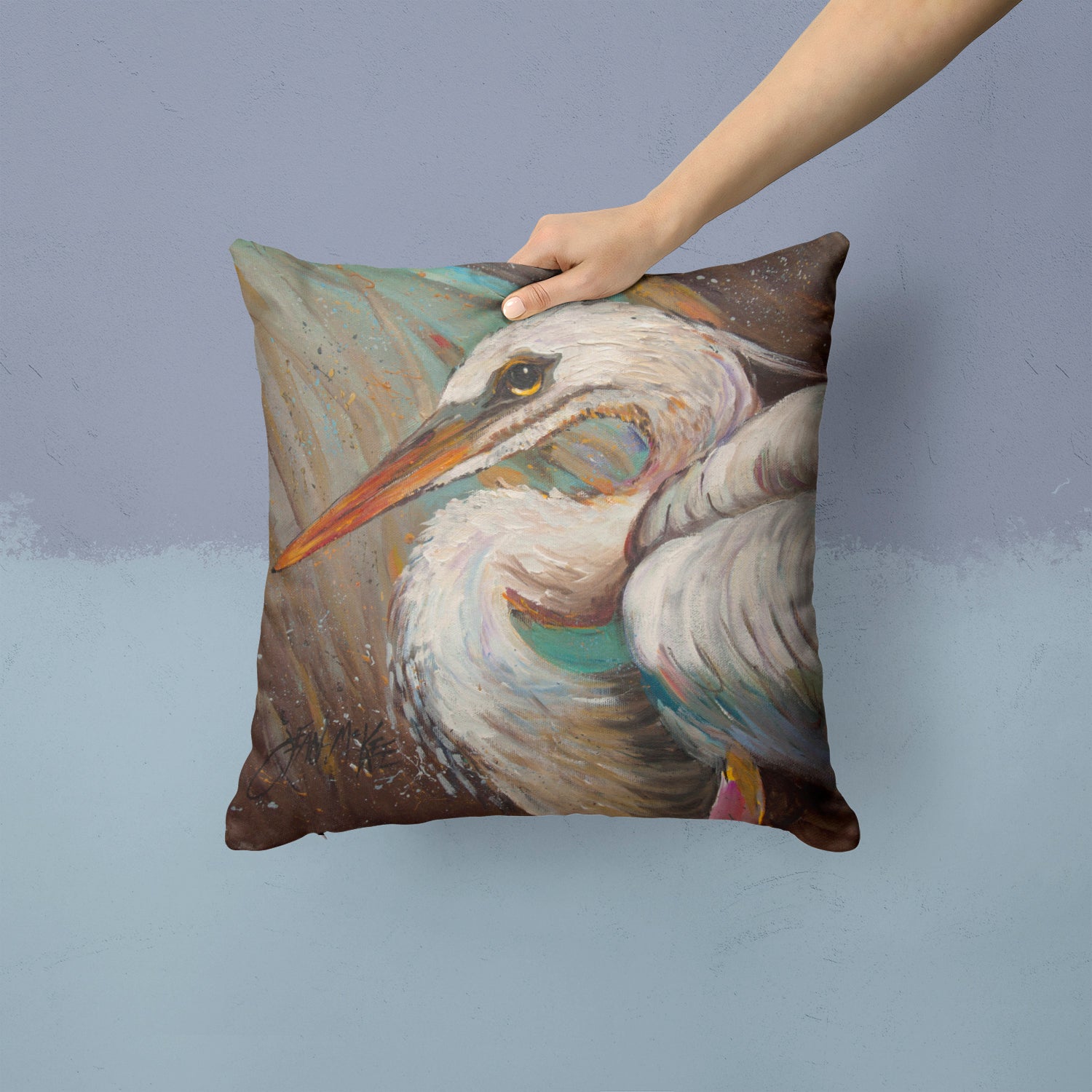 Caroline's Treasures White Egret Canvas Throw Pillow - 14x14 Decorative Pillow – Art for Your Home & Patio JMK1212PW1414