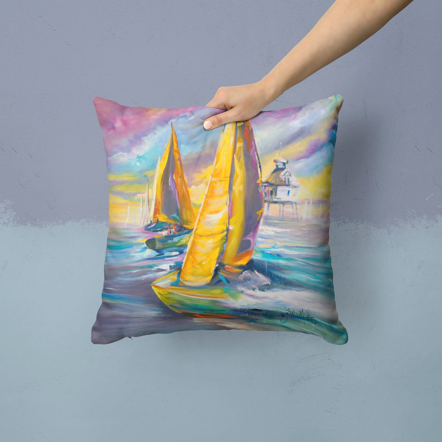 Caroline's Treasures Middle Bay Lighthouse Sailboats Canvas Throw Pillow - 14x14 Decorative Pillow – Art for Your Home & Patio JMK1234PW1414
