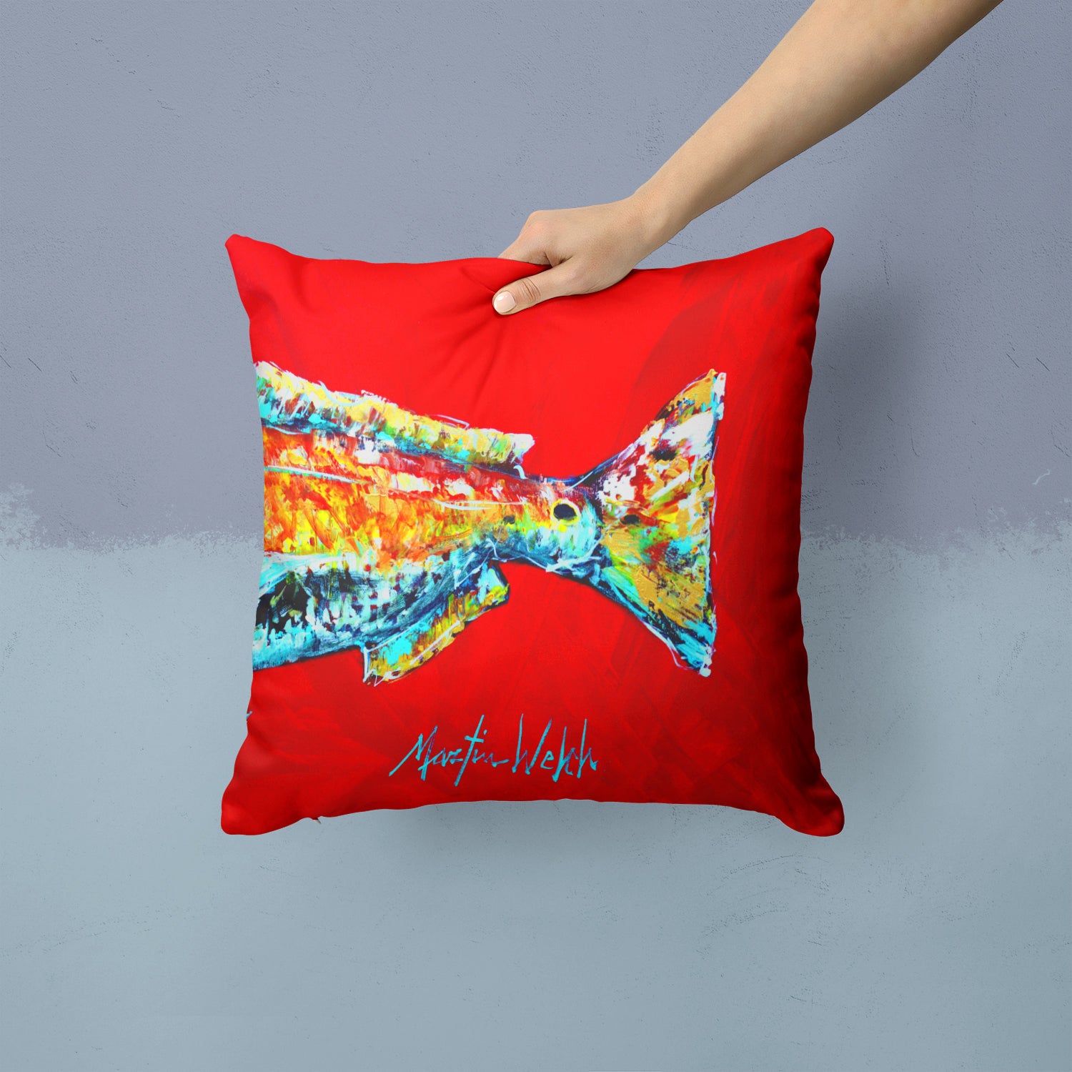 Caroline's Treasures Red Fish Alphonzo Tail Canvas Throw Pillow - 14x14 Decorative Pillow – Art for Your Home & Patio MW1141BPW1414