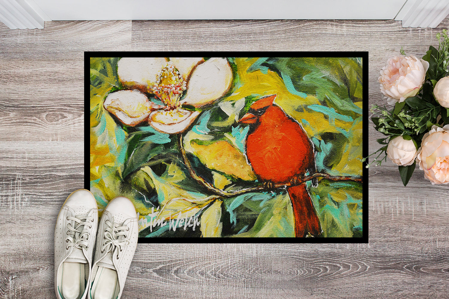 Cardinal with Magnolia Doormat