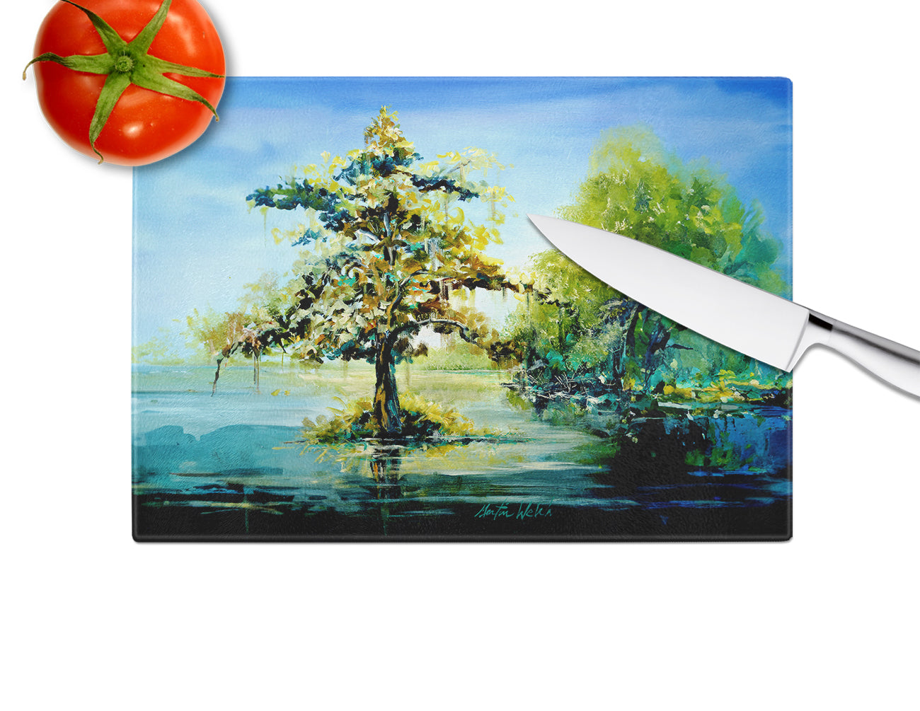 Cypress Tree in the Bayou Blue Glass Cutting Board