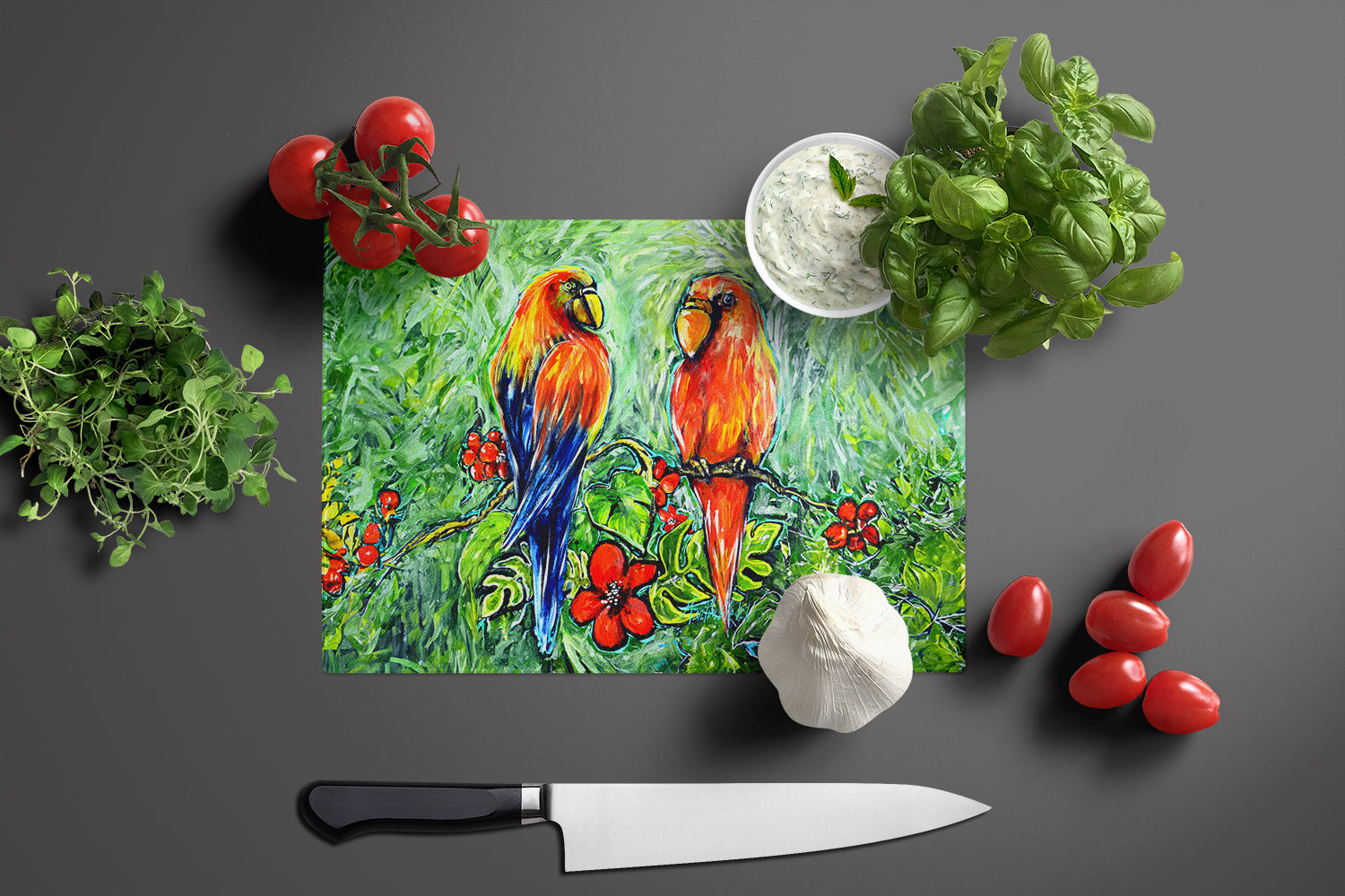 Fred and Freda Parrots Glass Cutting Board