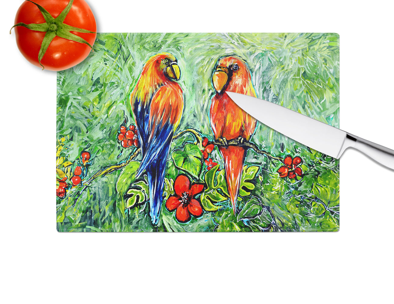 Fred and Freda Parrots Glass Cutting Board