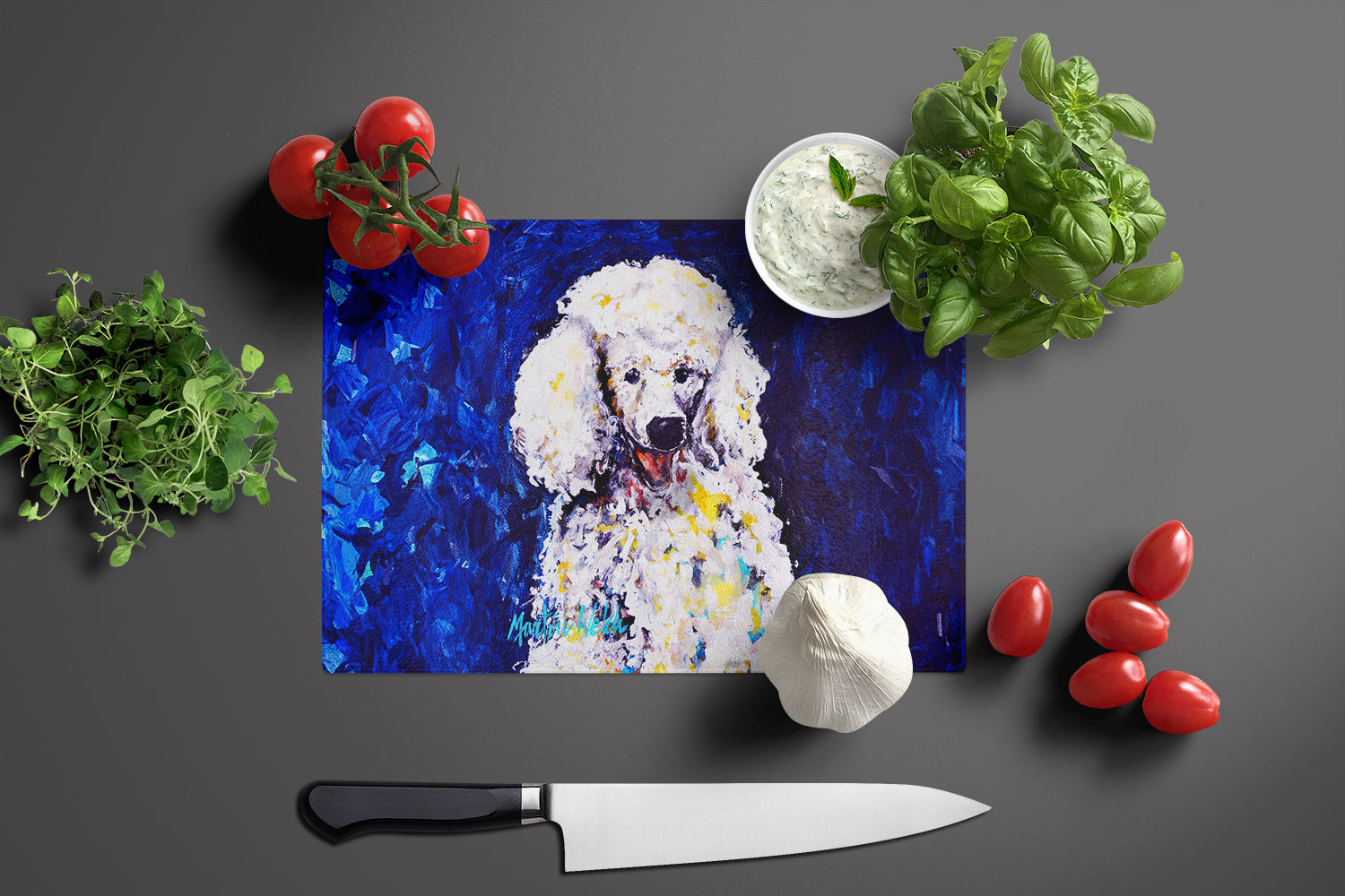 Louie White Poodle Glass Cutting Board