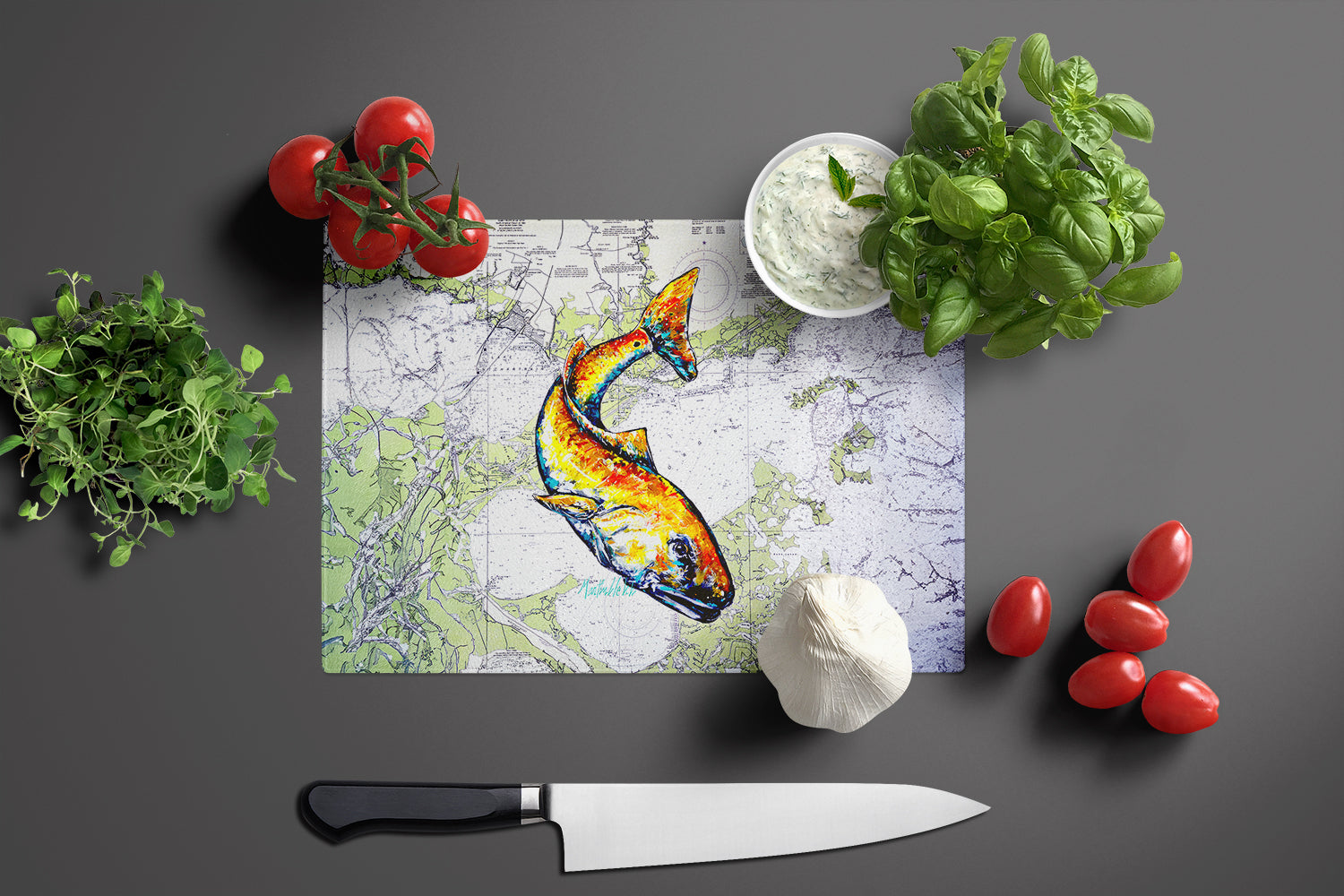 Red Fish On Map Glass Cutting Board