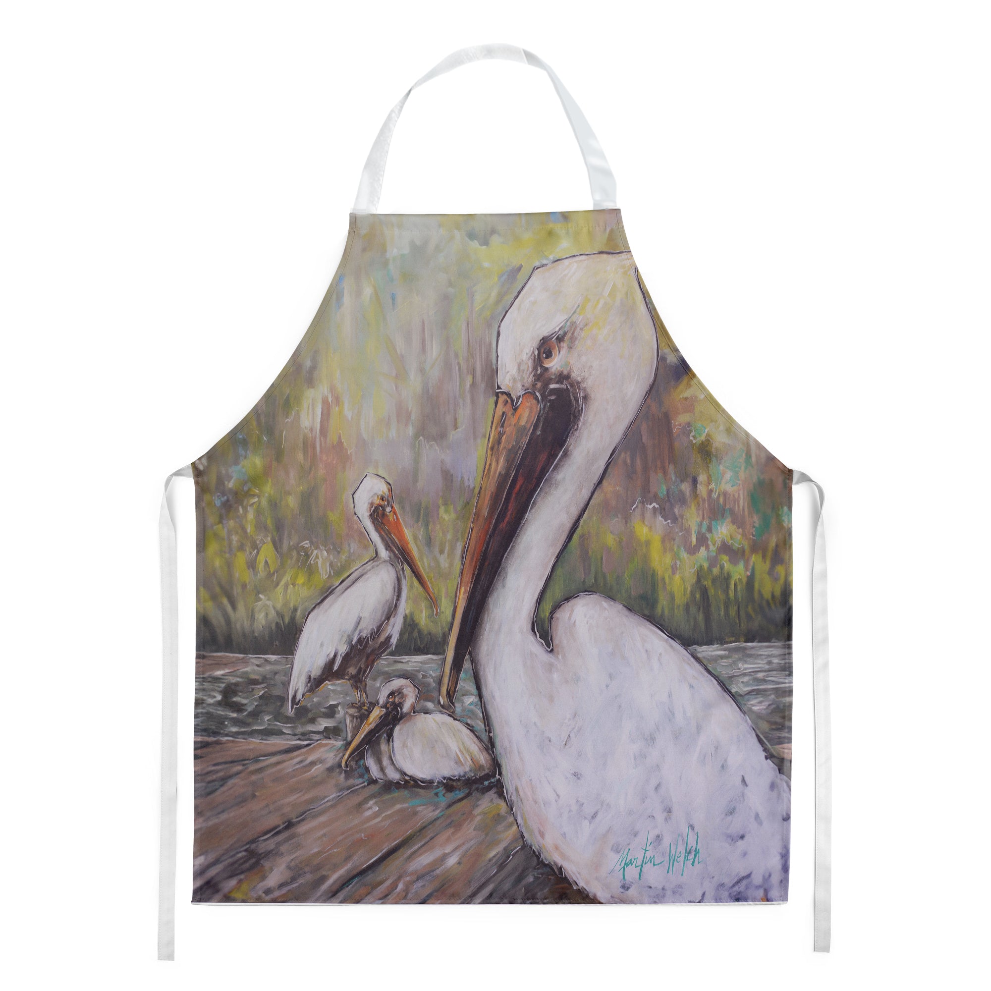 Buy this Three Pelicans on a Pier Apron