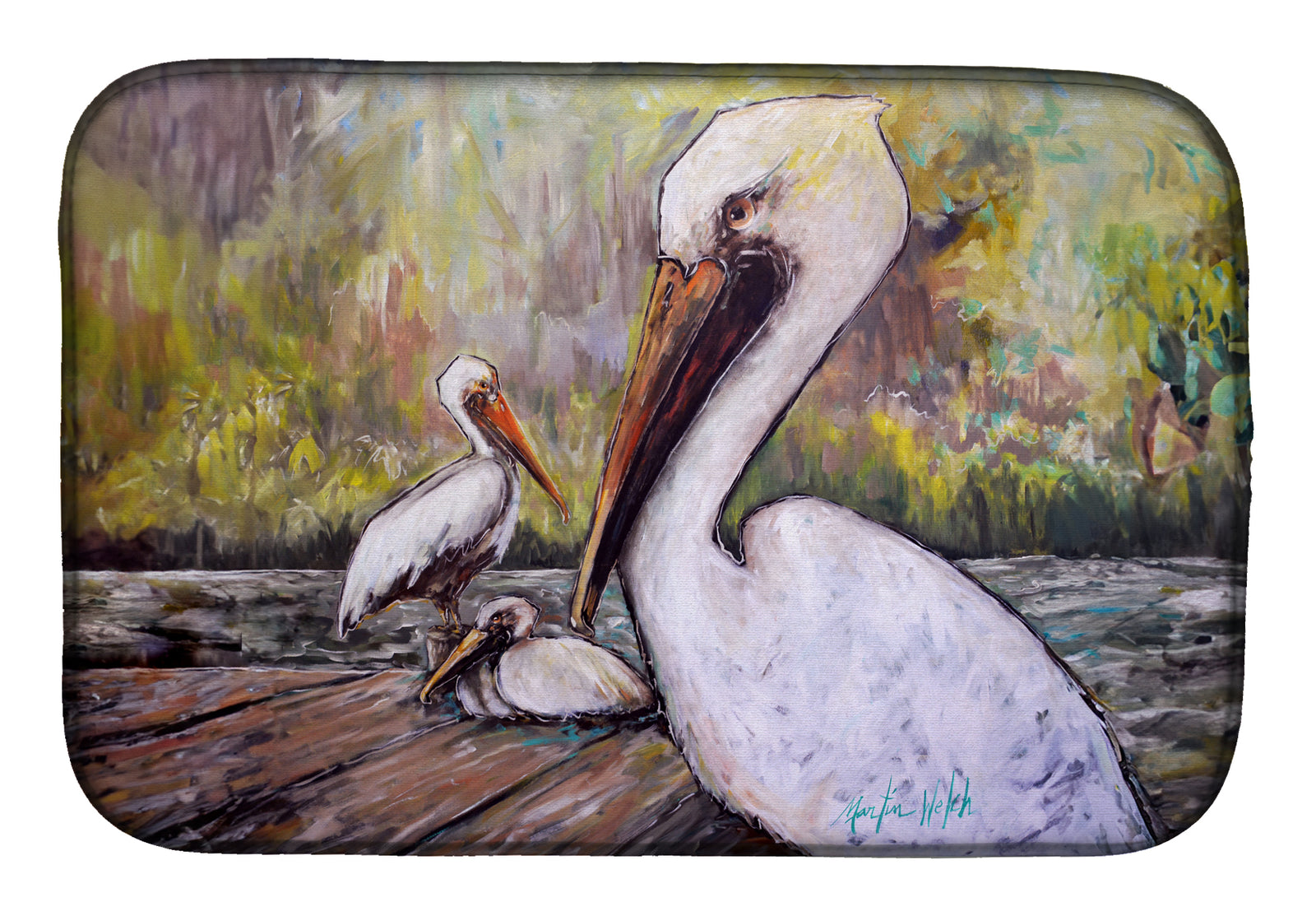 Buy this Three Pelicans on a Pier Dish Drying Mat