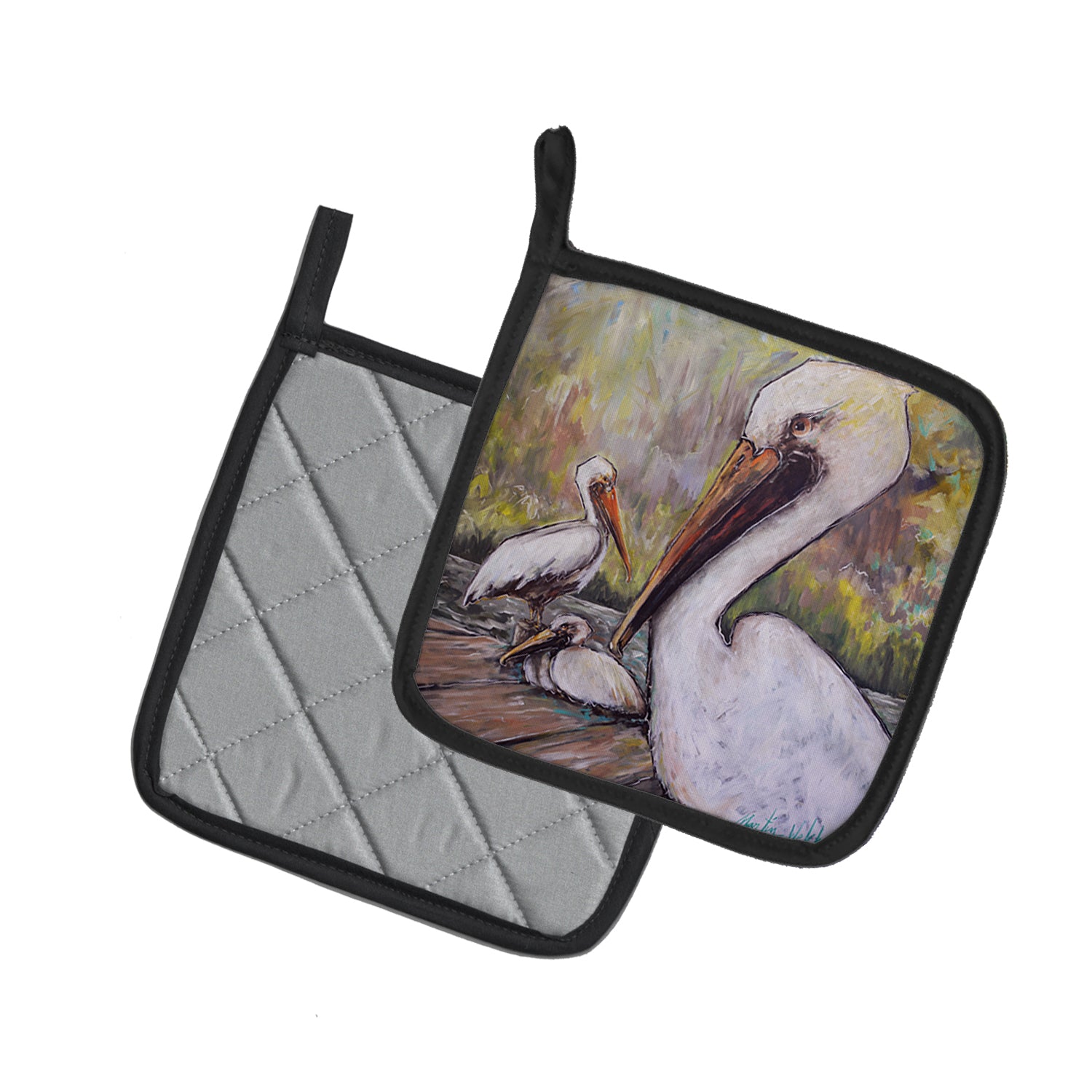 Three Pelicans on a Pier Pair of Pot Holders