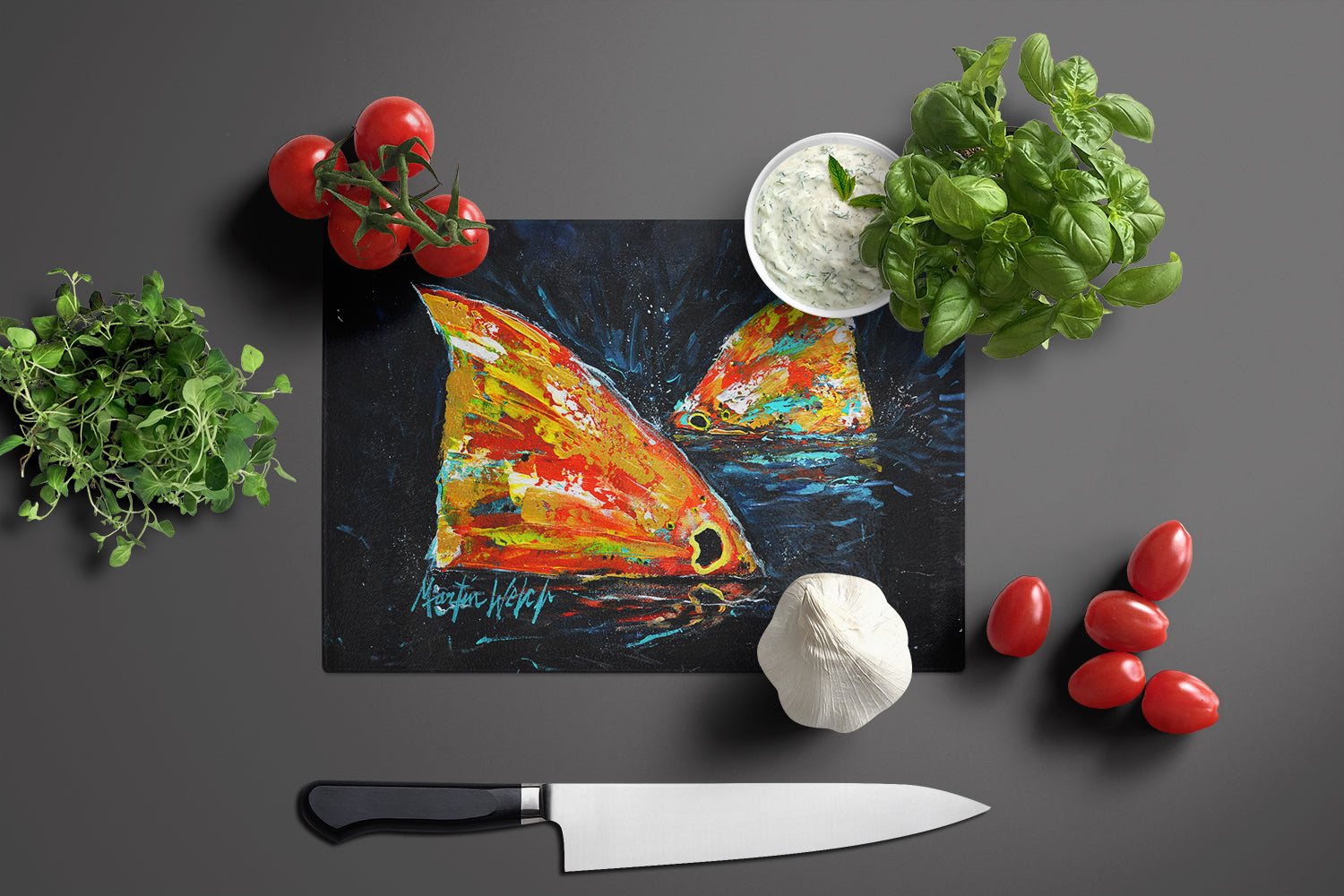 Red Fish Two Tales Glass Cutting Board