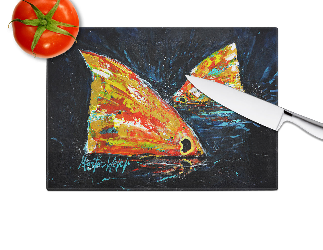 Red Fish Two Tales Glass Cutting Board