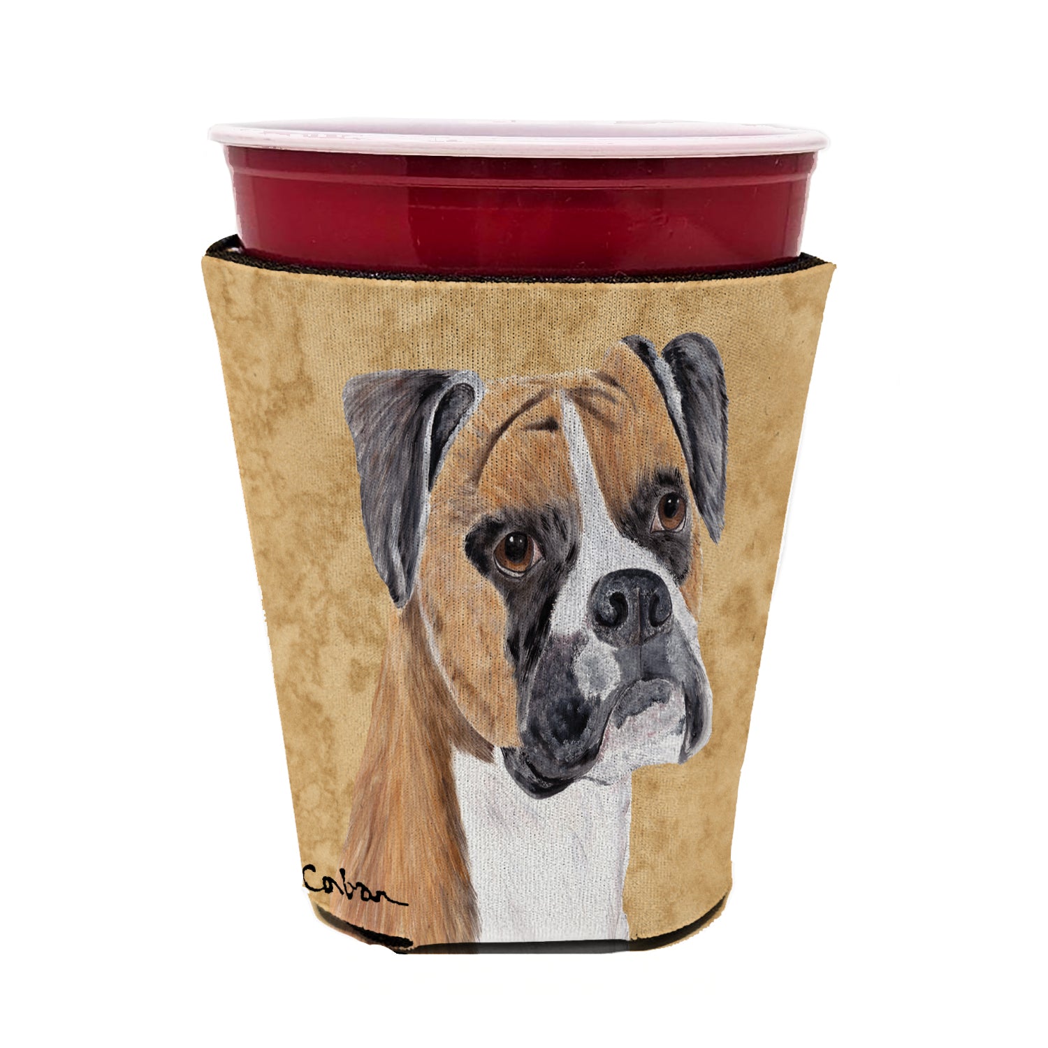 Caroline's Treasures Boxer Wipe your Paws Red Cup Hugger Sleeve for 16–22 oz Party Cups, Insulated Foam Drink Holder for Iced Coffee, Tailgate & BBQ Reusable