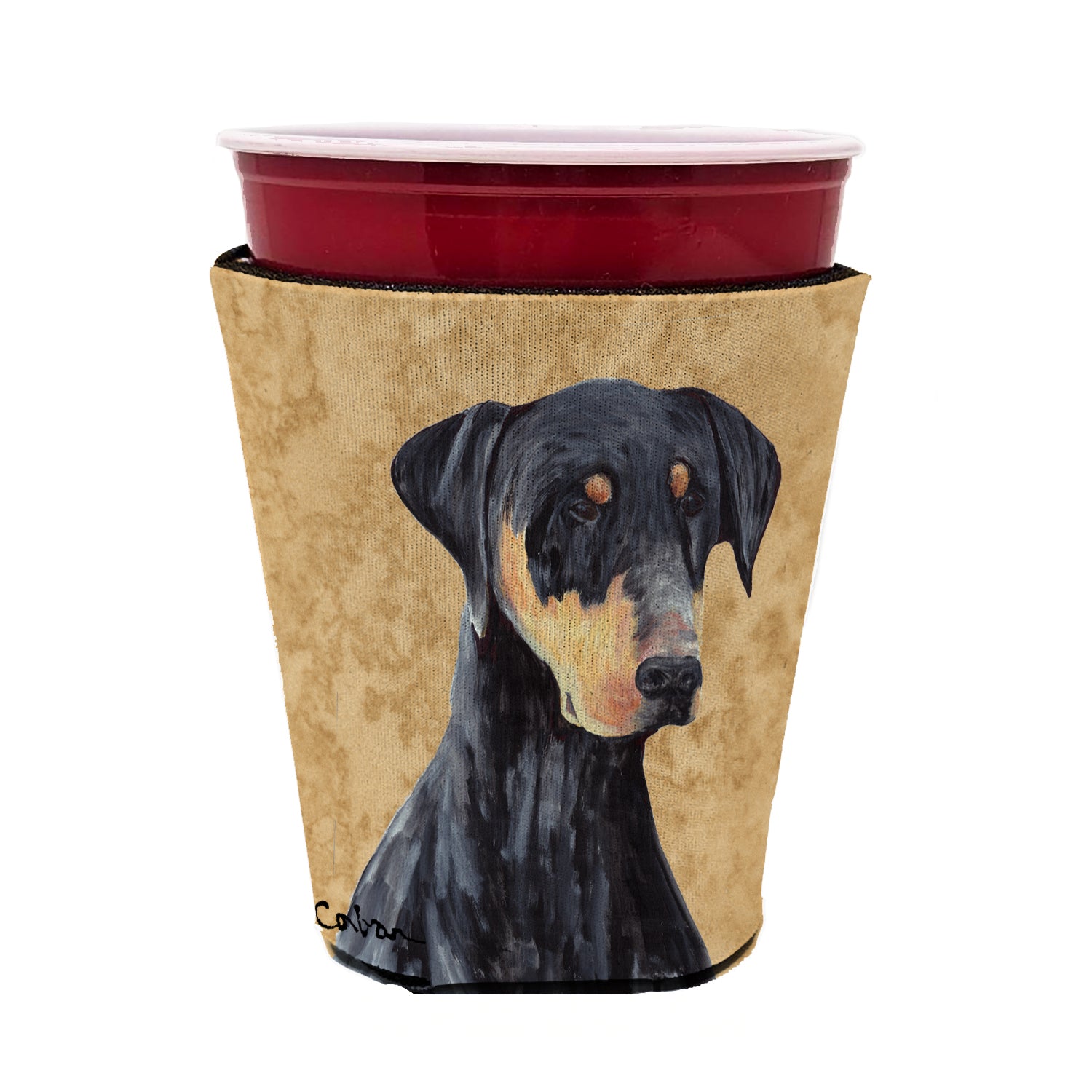 Caroline's Treasures Doberman Wipe your Paws Red Cup Hugger Sleeve for 16–22 oz Party Cups, Insulated Foam Drink Holder for Iced Coffee, Tailgate & BBQ Reusable