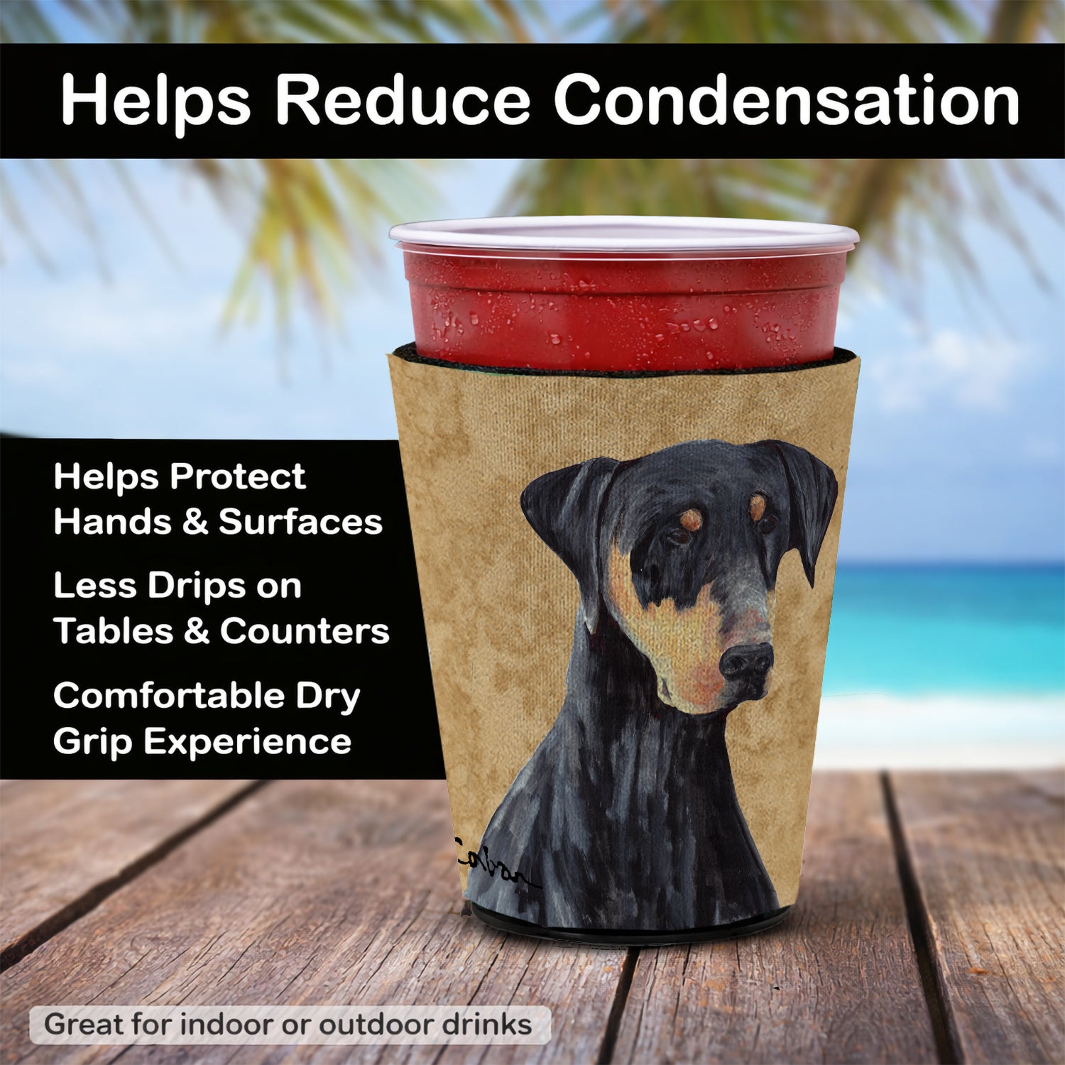 Caroline's Treasures Doberman Wipe your Paws Red Cup Hugger Sleeve for 16–22 oz Party Cups, Insulated Foam Drink Holder for Iced Coffee, Tailgate & BBQ Reusable