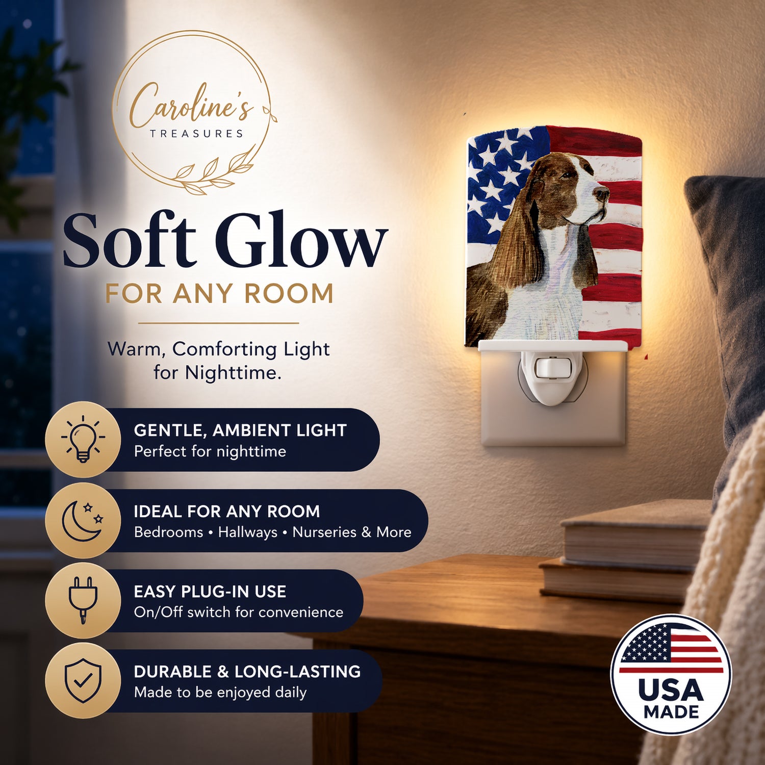 Caroline's Treasures USA American Flag with Springer Spaniel Ceramic Night Light Compact, UL-Certified, Ideal for Bedroom, Bathroom, Nursery, Hallway, Kitchen, 6x4x3, Multicolor