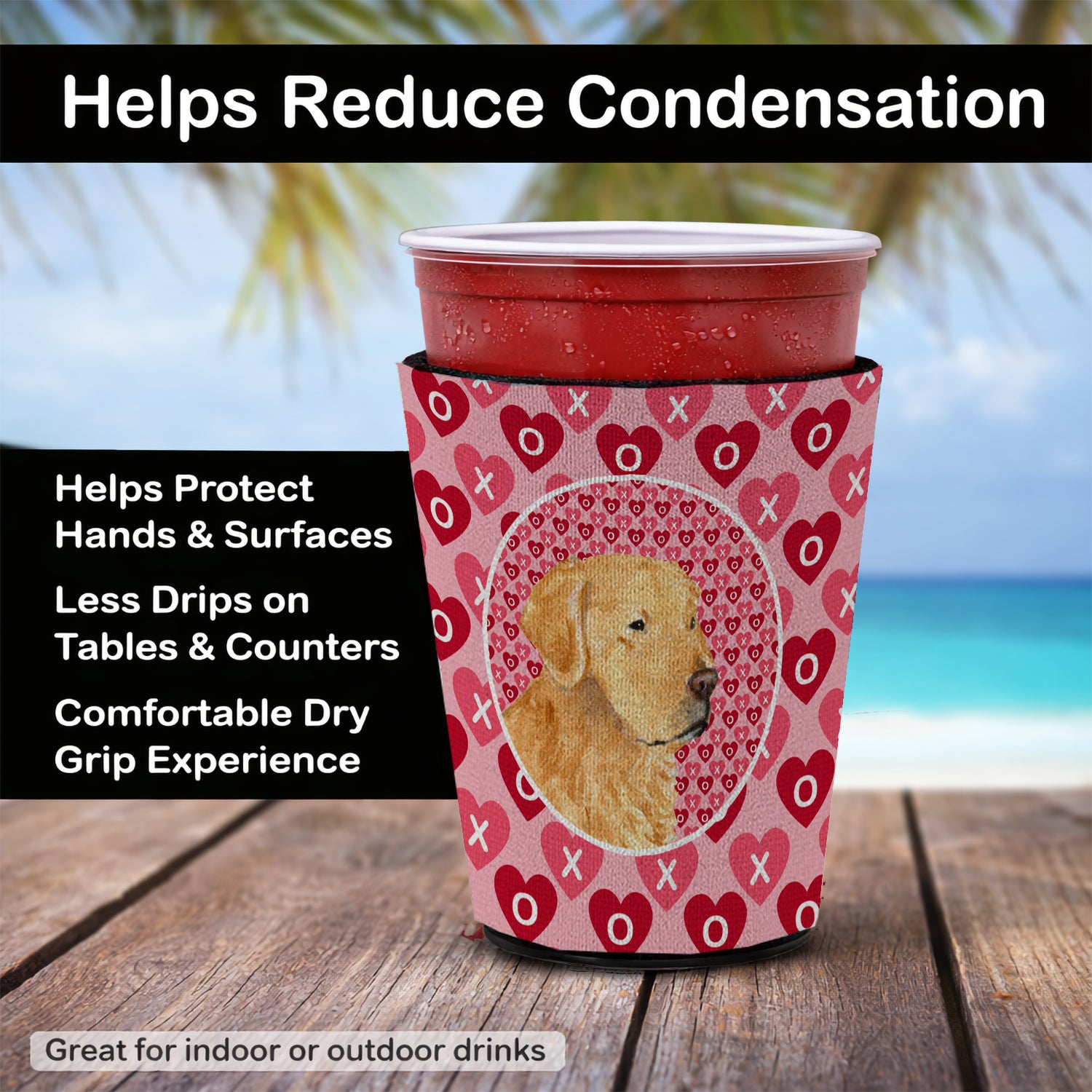 Caroline's Treasures Golden Retriever Hearts Love Valentine's Day Red Cup Hugger Sleeve for 16–22 oz Party Cups, Insulated Foam Drink Holder for Iced Coffee, Tailgate & BBQ Reusable