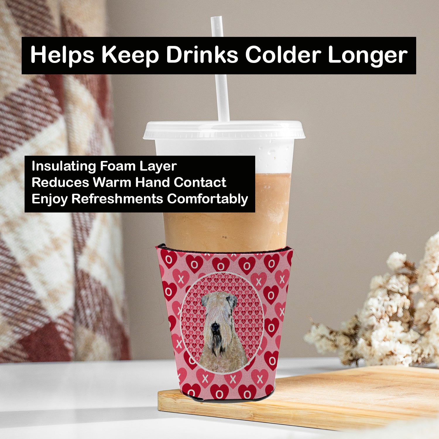 Caroline's Treasures Wheaten Terrier Soft Coated Hearts Love Valentine's Red Cup Hugger Sleeve for 16–22 oz Party Cups, Insulated Foam Drink Holder for Iced Coffee, Tailgate & BBQ Reusable