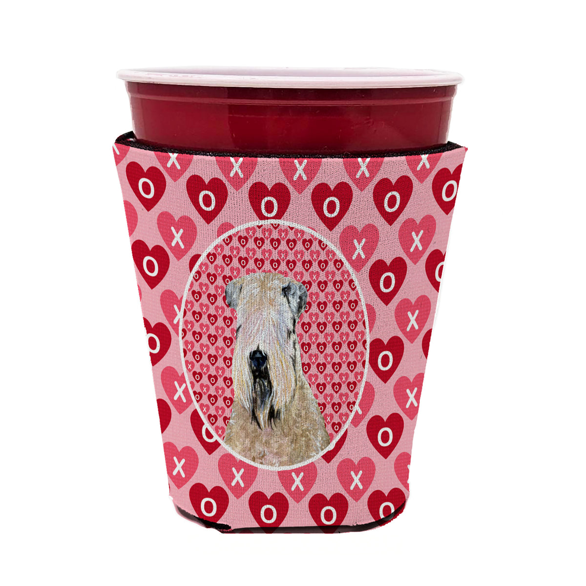 Caroline's Treasures Wheaten Terrier Soft Coated Hearts Love Valentine's Red Cup Hugger Sleeve for 16–22 oz Party Cups, Insulated Foam Drink Holder for Iced Coffee, Tailgate & BBQ Reusable