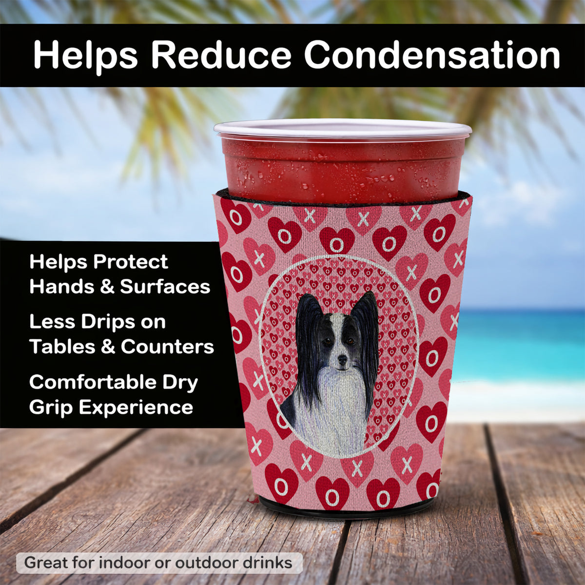 Caroline's Treasures Papillon Hearts Love and Valentine's Day Portrait Red Cup Hugger Sleeve for 16–22 oz Party Cups, Insulated Foam Drink Holder for Iced Coffee, Tailgate & BBQ Reusable